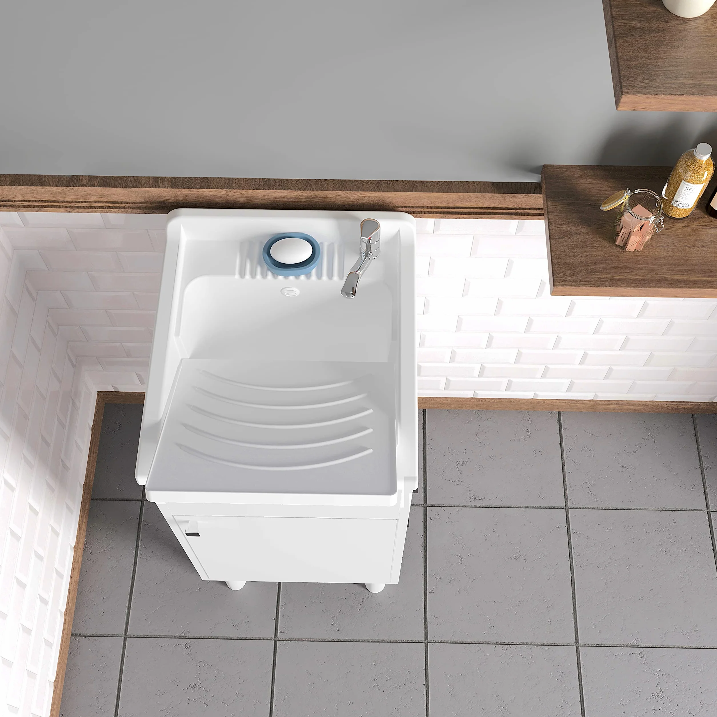 Negrari 9056KAM Lavatoio Lavapanni in Resina, all'umidità, Vasca Resistente agli acidi, Kit di Scarico Incluso, Interno e Esterno, L45 x P50 x H85 cm, Bianco, Media
