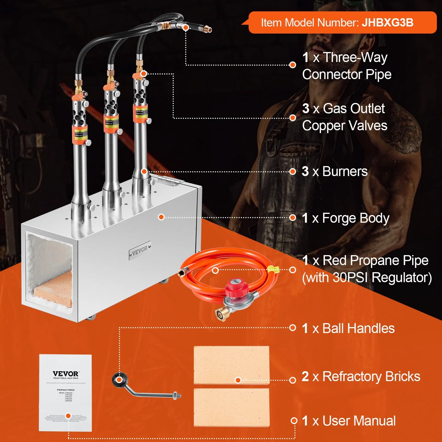 VEVOR Forgia a gas propano portatile, forno a gas quadrato con 3 bruciatori, temperatura max 1427 ℃, utensili e attrezzature per forgiatura a gas in acciaio inox, per colteliere Maréchaux-Ferrants