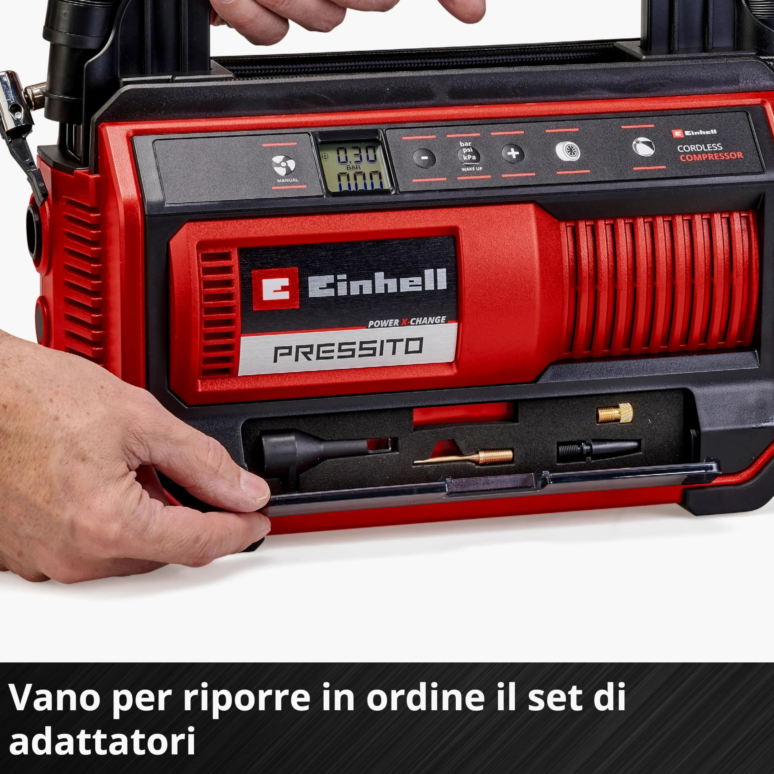 Einhell Compressore a batteria PRESSITO 18/25 Power X-Change(18 V, max. 11 bar, incl. kit 3 adattatori, incl. tubo flessibile alta press. 71 cm e tubo flessibile bassa press. 1,6 m, senza batteria)