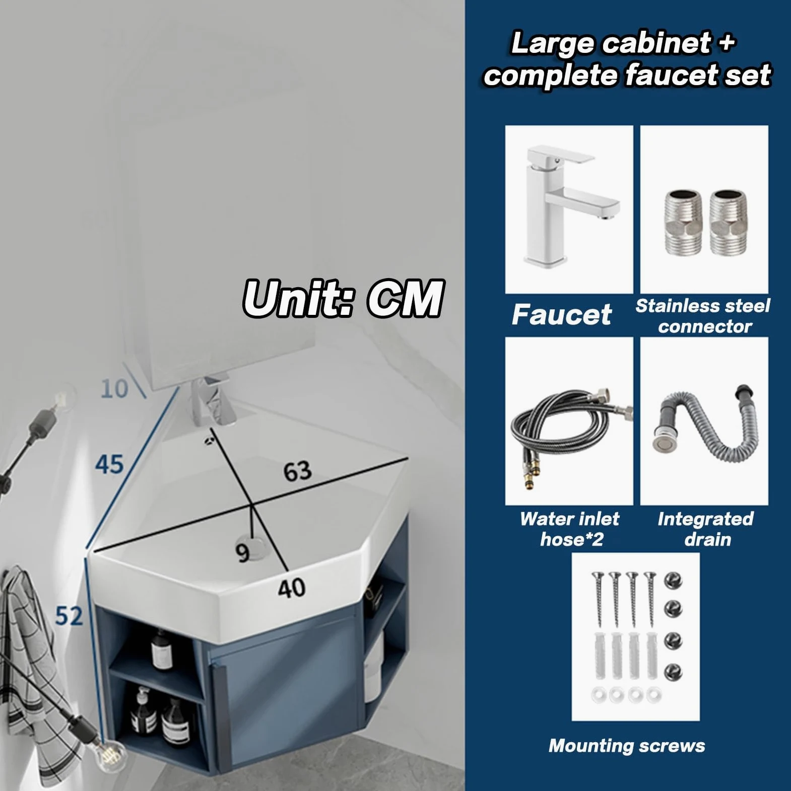 Lavandini Ad Angolo Per Bagno, Lavabo Ad Angolo Su Piedistallo, Mobile Da Bagno Con Rubinetto E Scarico, Set Di Mobili A Parete Per Piccoli Spazi, Per Piccoli Spazi, Mobiletto Sospeso A Parete ( Color