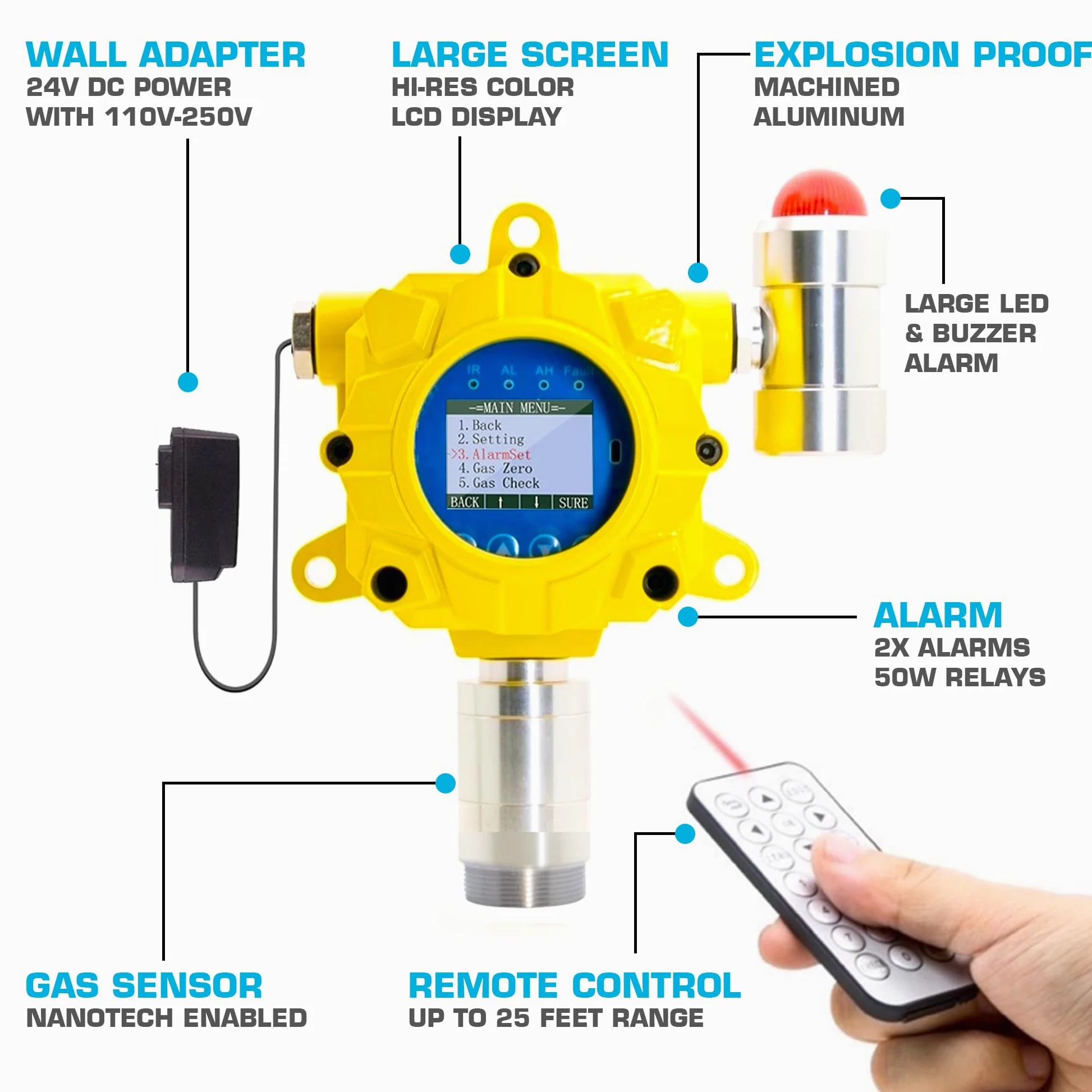 Monitor H2S | Montaggio a Parete Industriale | Montaggio a Parete | Certificato di Calibrazione EU & USA | Uscita Relay, RS485 MODBUS, 4–20 mA | 0–100 ppm H2S |