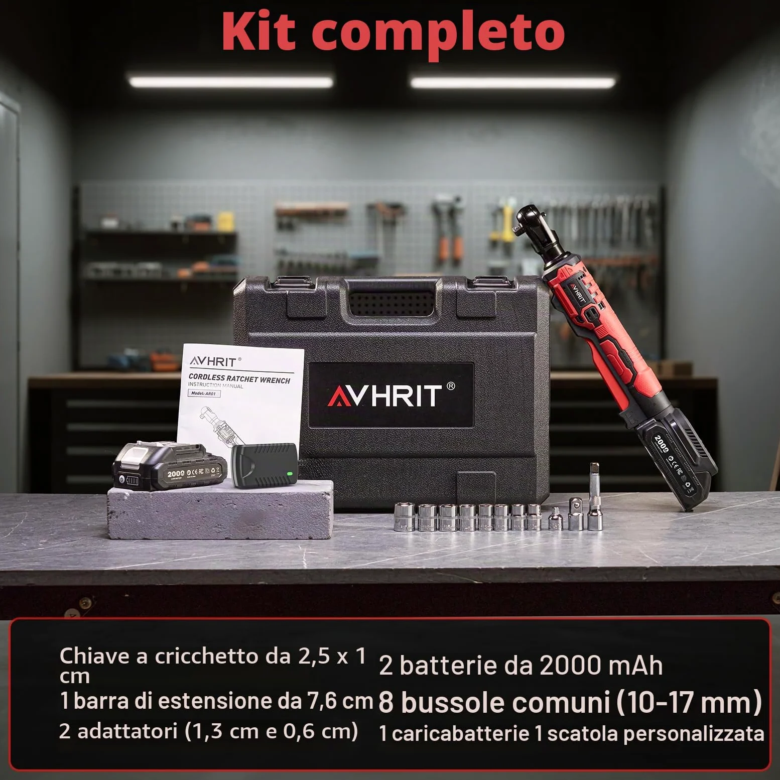 Chiave a cricchetto elettrica 3/8" Senza Fili: 120Nm (88 Ft-lbs) + 200 RPM, con 2 Batterie 2.0Ah, Luce LED e Set da 11 Boccole,Potente chiave elettrica per Auto e Riparazioni Domestiche
