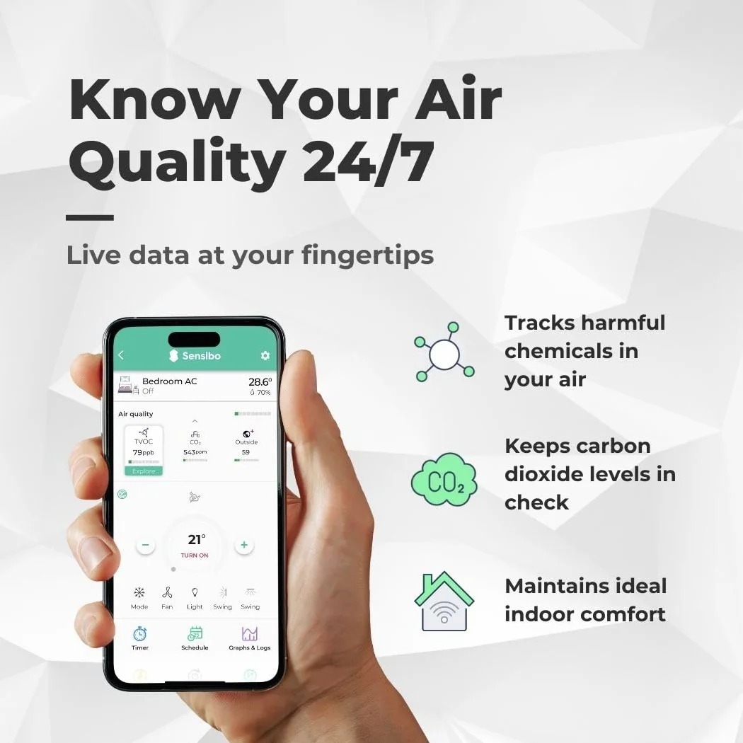 Sensibo Air PRO -qualità dell’aria e telecomando smart per condizionatori mini split, da finestra o portatile. Sensori di temperature e umidità. Compatibile con Google App, Apple HomeKit, Alexa e Siri