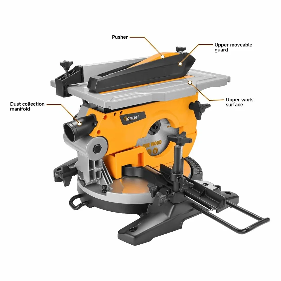 Hoteche Sega da tavolo multifunzione da 210 mm, 1200 W, 4500 giri/min, motore in rame, sega circolare da tavolo con lama per sega TCT 210 x 30 mm 24T per tagli precisi 0° 45° con accessori e barre di