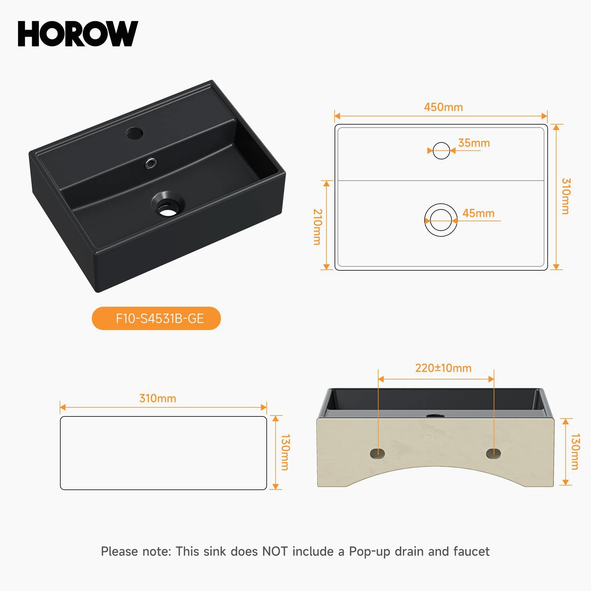 HOROW Lavandino da bagno in ceramica (nero, 45 x 31 cm) – Lavello rettangolare da appoggio/parete | bordo rialzato e superficie inclinata | bordo sottile e sporgenza | per piccoli bagni, guardaroba