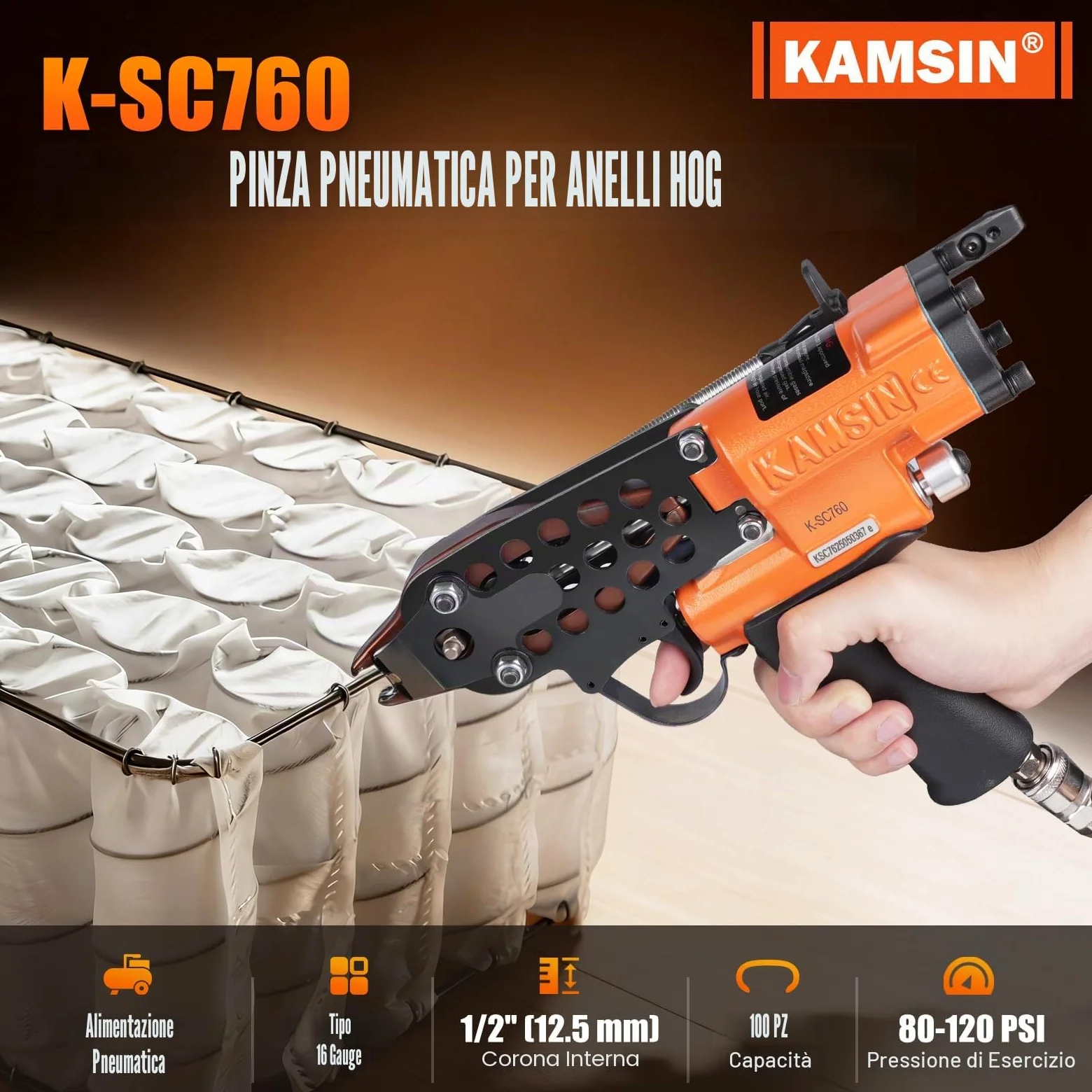 KAMSIN K-SC760 Pistola pneumatica ad anello a C, calibro 16, Diametro di chiusura di 3,0 mm Strumento di pinza per anelli di maiale a risparmio di manodopera per gabbie