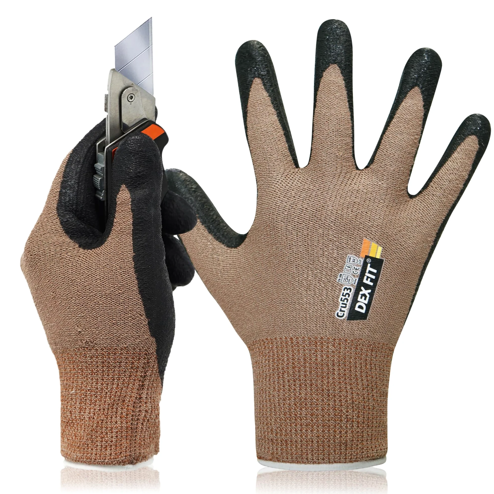 DEX FIT Cru553 Guanti Anti Taglio Livello 5-3D Fit, Presa Antiscivolo in Nitrile, Leggeri e Traspiranti, Resistenti, Touchscreen, Lavabili; Grigio 8 (M) 1 Paio