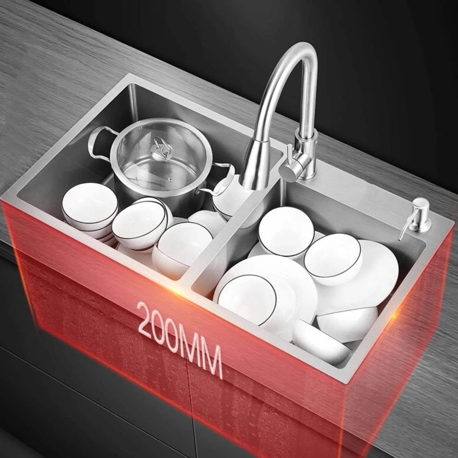 Lavello da Cucina in Acciaio Inox Fatto a Mano con 2 Fori Doppio Lavello con kit di scarico e filtro cestello, 78 * 43 * 20cm (Argento)