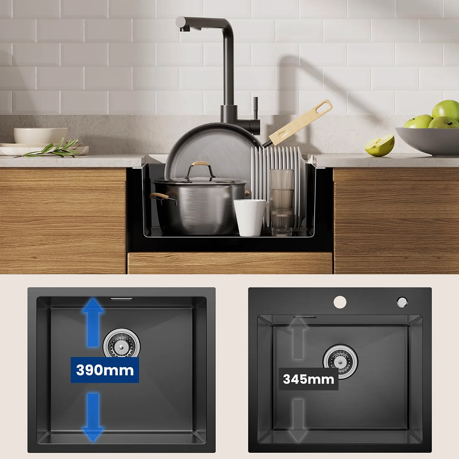 CECIPA Lavello Nero Antracite 50x44cm, Lavello Cucina in Acciaio Inox Angolare, Lavello Cucina in Acciaio Inox Lavello da Incasso Piccolo incluso Sifone, Lavabo Cucina da 50cm di Altezza senza