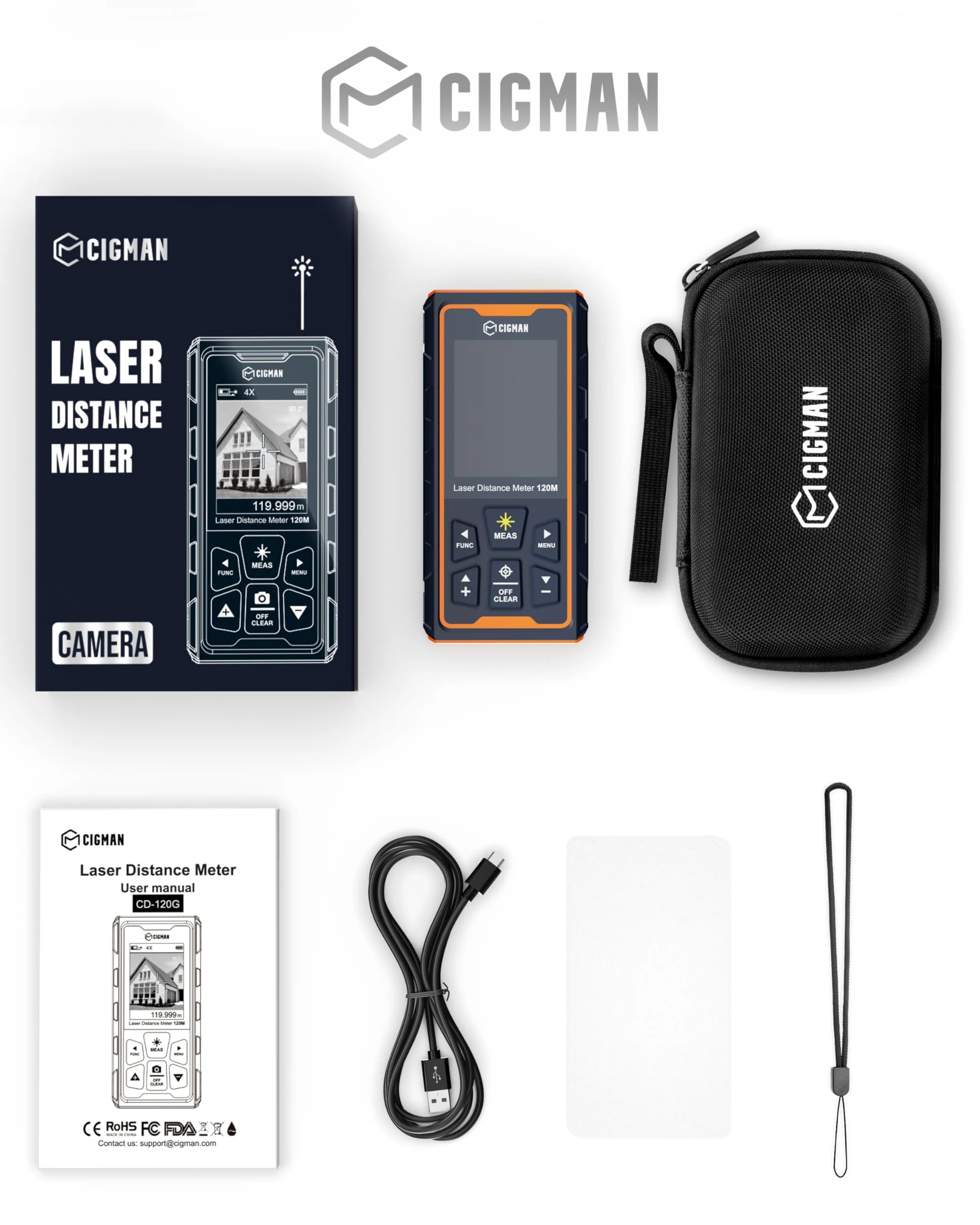 120M Metro laser, CIGMAN telecamera integrata, telemetro laser con fotocamera zoom 4x, schermo LCD, dispositivo di misurazione laser IP65, 16 modalità di misurazione per esterni, (CD-120G)