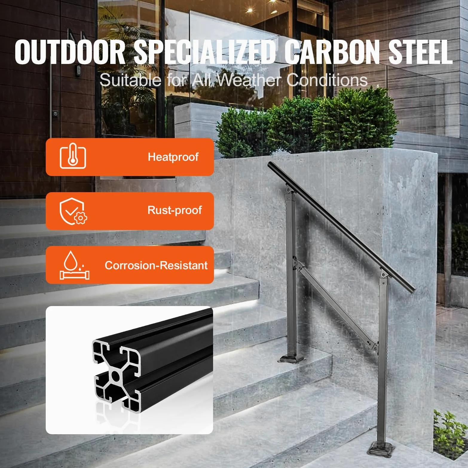 VEVOR Rampa Scala 914,4 mm Ringhiera Scala per 3 gradini a mano in acciaio al carbonio regolabile 50° carico 300 kg con kit di installazione per pavimenti in cemento legno piastrelle in ceramica