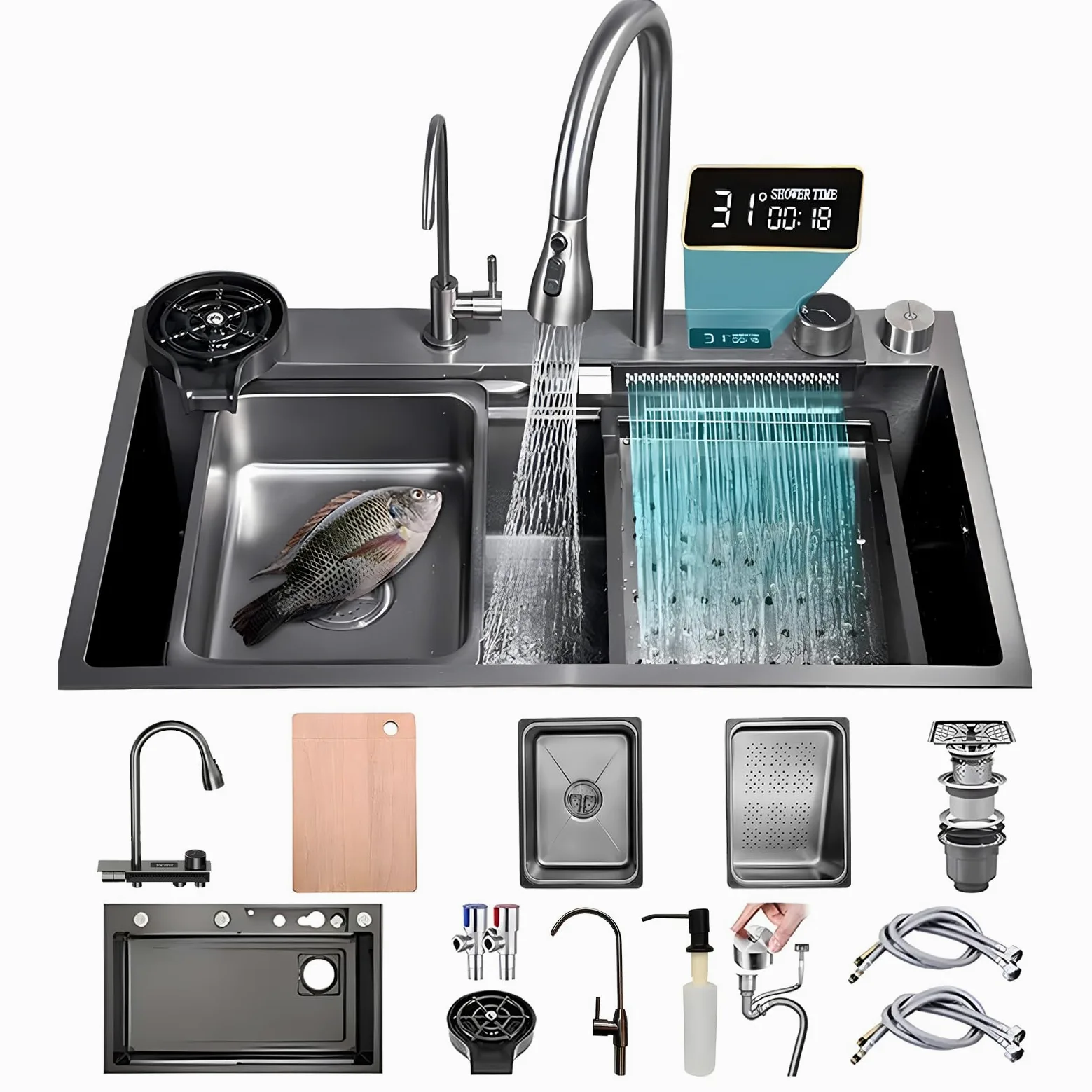 lavello cucina 85x50 da cascata nero, lavello da cucina con Può visualizzare la temperatura dell'acqua, lavello domestico set, lavandino del bar multifunzionale