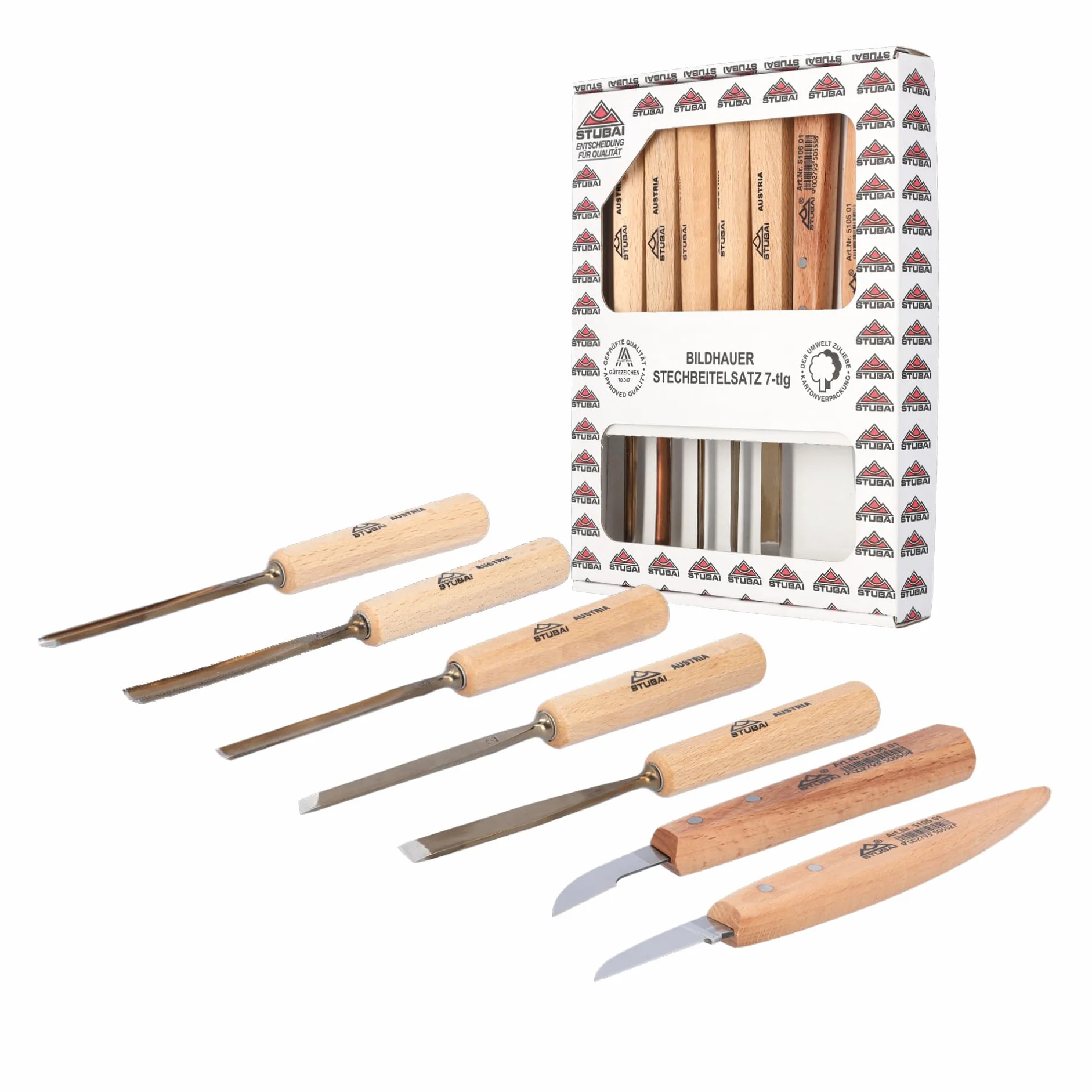Stubai 510201 Assortimento sgorbie e coltelli 7 pzi, Rosso (Rot), M, Set di 7 Pezzi