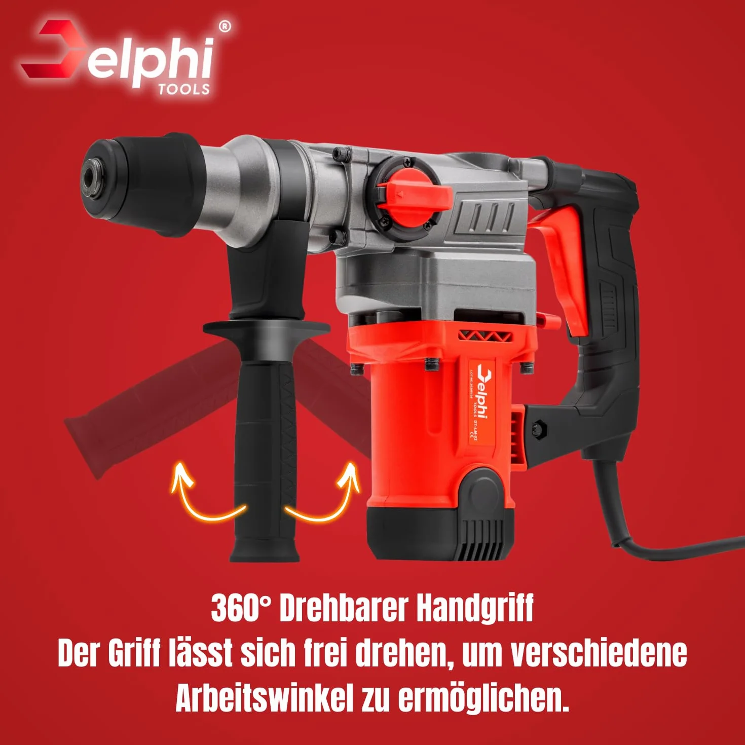Delphi Martello Demolitore SDS Plus 2200W, Trapano a Percussione 3 Funzioni, 4J Energia d’Impatto, con Custodia, Punta e Scalpello, Cavo da 2,8m, Set di Accessori