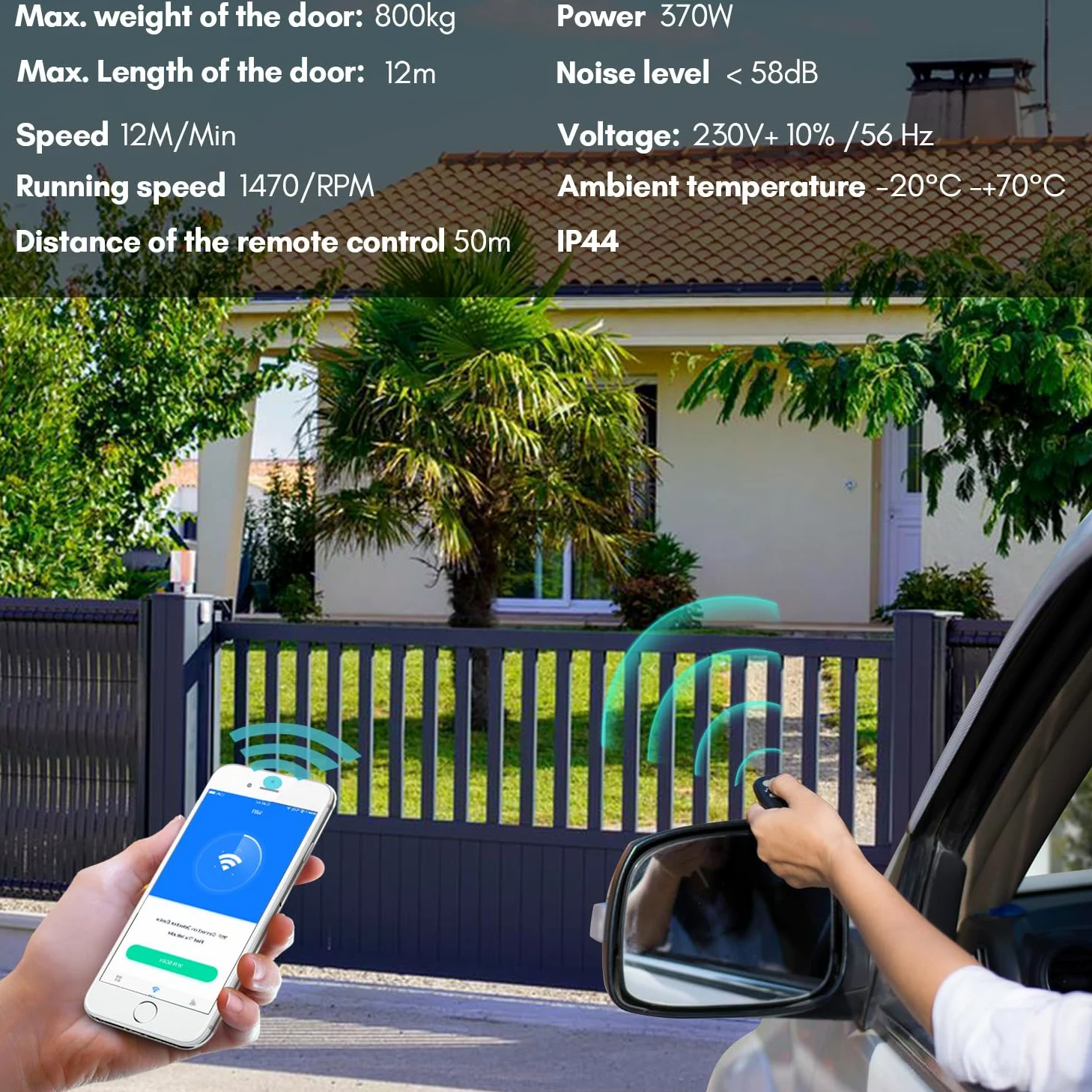 Porta scorrevole 370 W, WiFi, elettrica fino a 800 kg, 12 m/min, apriporta Bluetooth, garage 2 telecomandi