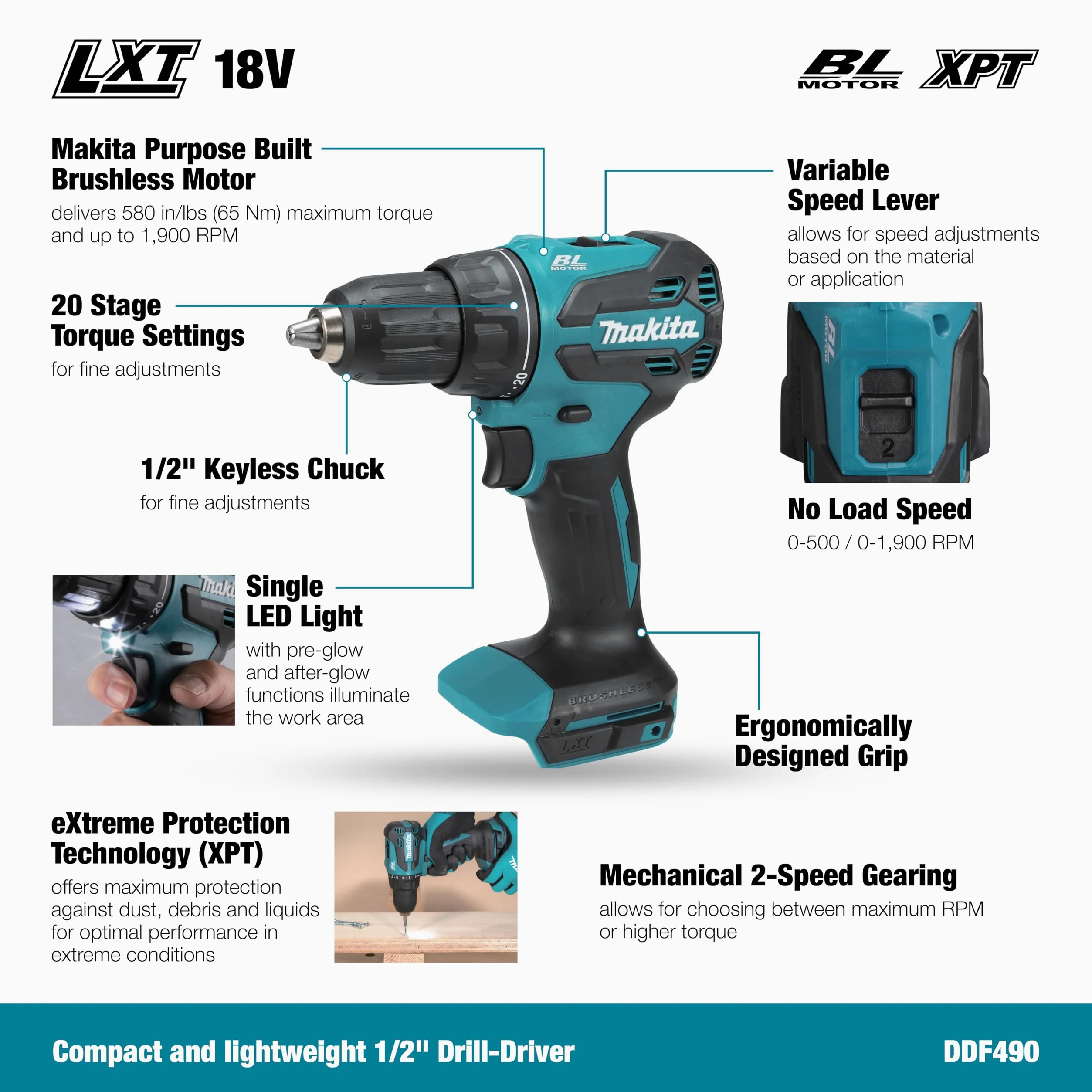 Makita DDF490Z - Trapano avvitatore LXT agli ioni di litio, 18 V, batterie e caricabatterie non inclusi