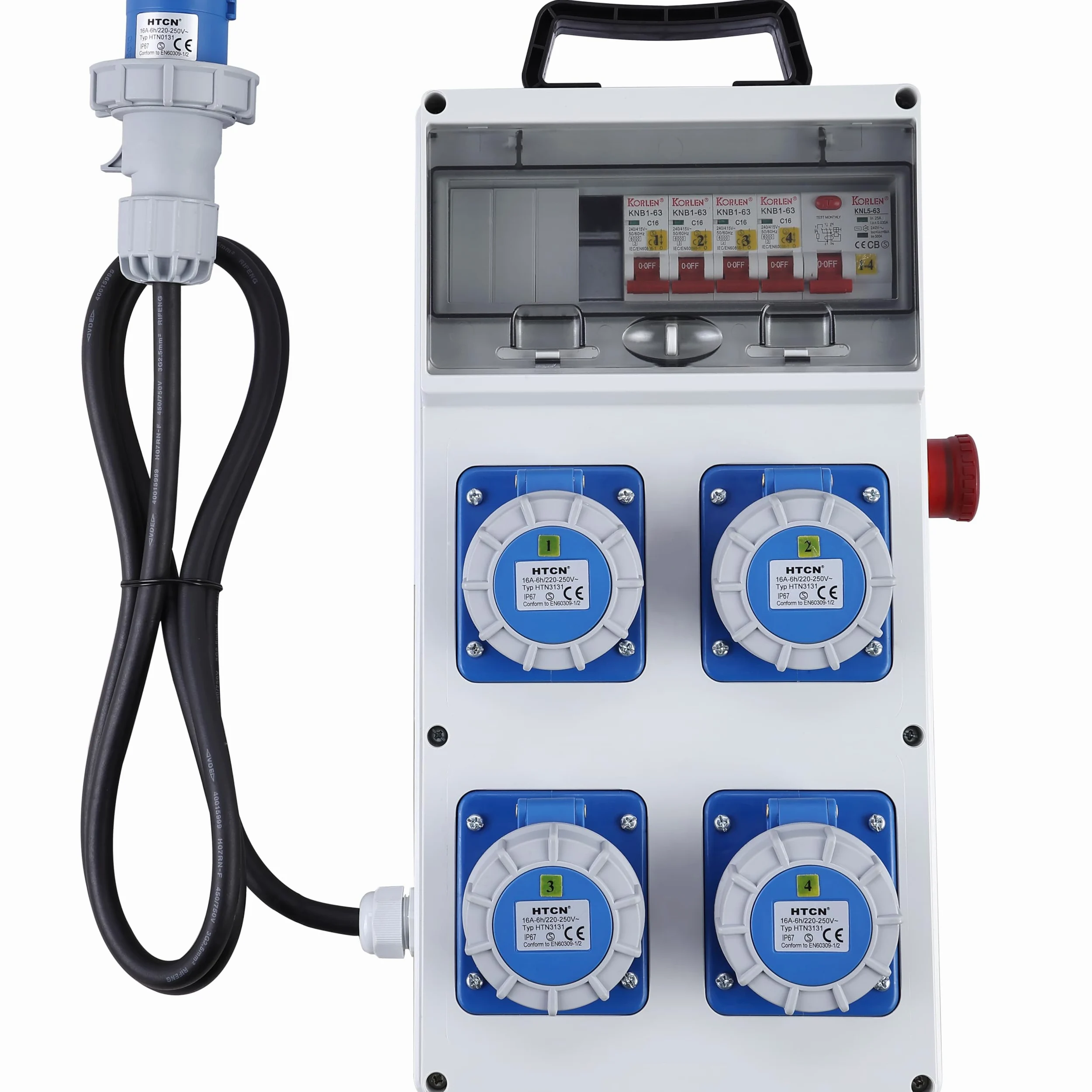 Electraline 60425 Quadro Elettrico di Distribuzione 4 Prese CEE 2P+T IP67, Spina CEE 2P+T, Cavo 1.7M H07RN-F 3G2.5, con interruttore differenziale RCD 30ma + 4 Interruttori magnetotermici MCB