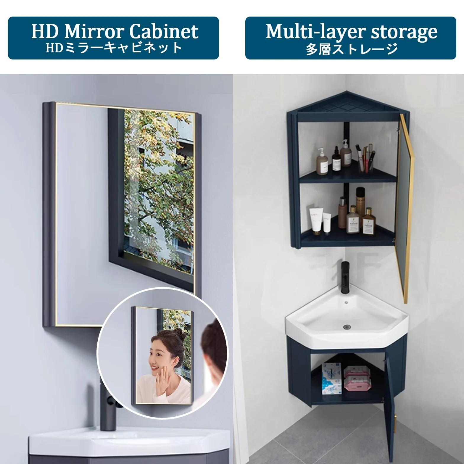 Bagno Lavabo Angolare su Piedistallo Mobile con Rubinetto e Scarico, Specchio e Sospeso per Bagno e Lavanderia