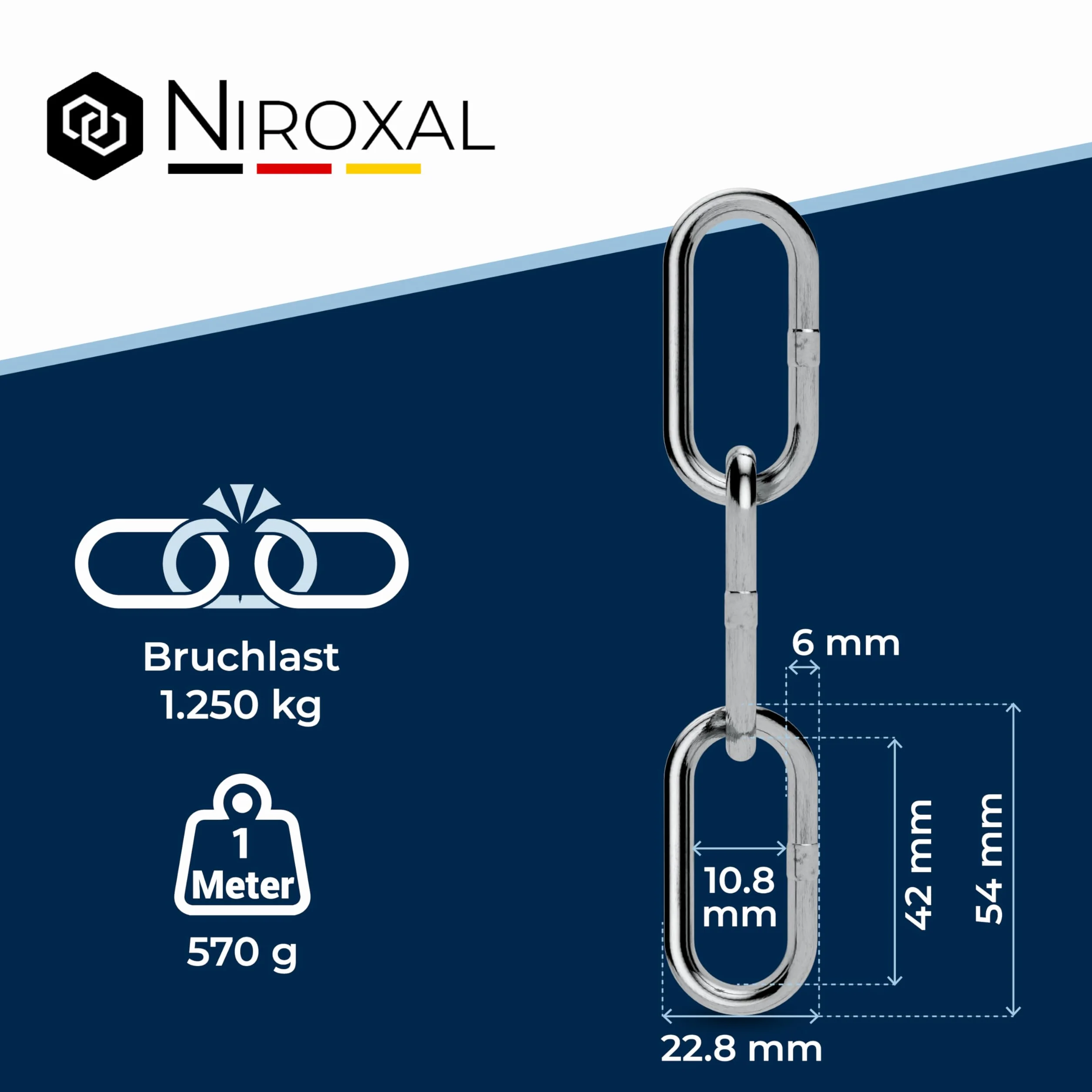 Catena acciaio inox A4 V4A AISI 316 Ø6 mm maglia lunga 20 m – DIN 5685 / DIN 766 – carico di rottura indicativo 1600 kg – confezione 1 pz