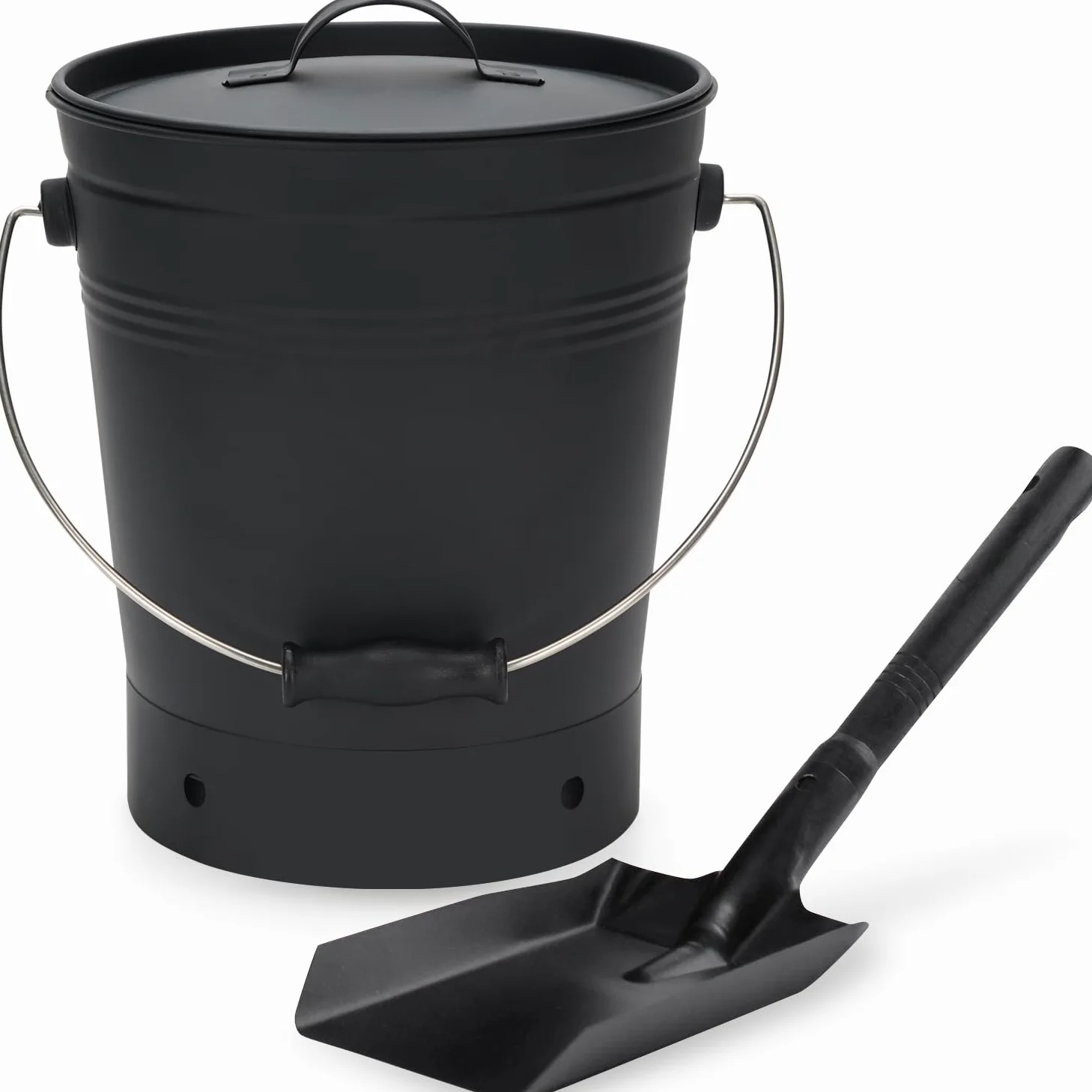 INNO STAGE Secchio per cenere con coperchio e manico in legno Pala per carbone, secchio porta cenere per caminetto, braciere, stufa a legna nera