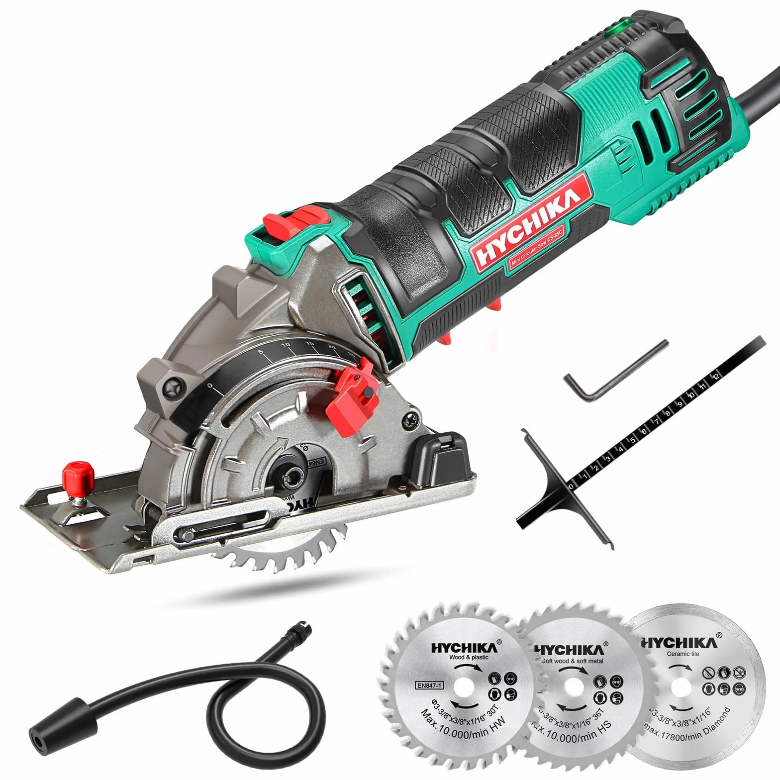 HYCHIKA Sega Circolare, 500W Mini Seghe Circolare 4500RPM, Profondità di Taglio: 0-25mm,Tubo per Aspirapolvere, 3x Lame adatto per Legno, Plastica, Metallo Morbido
