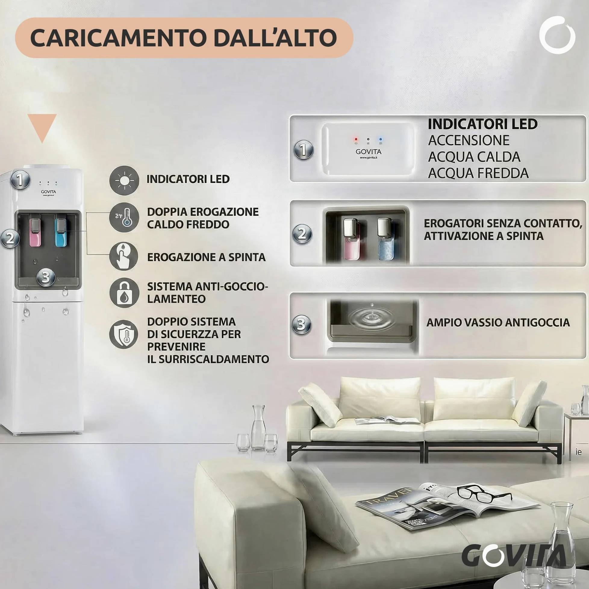GOVITA - Dispenser Acqua a Colonnina a Boccione 18L – Erogatore Acqua Fredda Calda e Ambiente con Compressore – Distributore Acqua Refrigerata per Casa e Ufficio - con portabicchieri