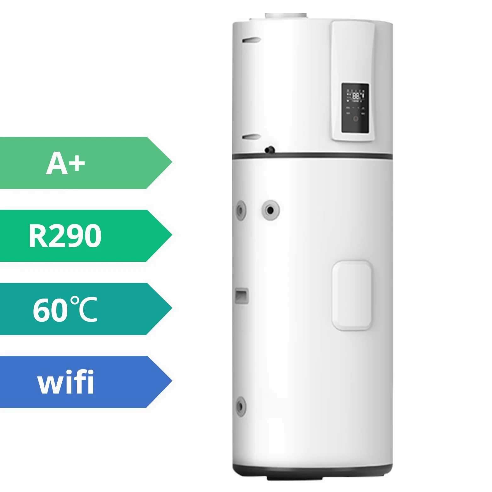 Pompa di calore verticale 240 L, R290 Pompa di calore ad aria per ville, alberghi, case vacanze, commerciali ed esterni, silenziosa 50 dB, riscaldamento rapido a 75 °C, WiFi, compatibile con solare