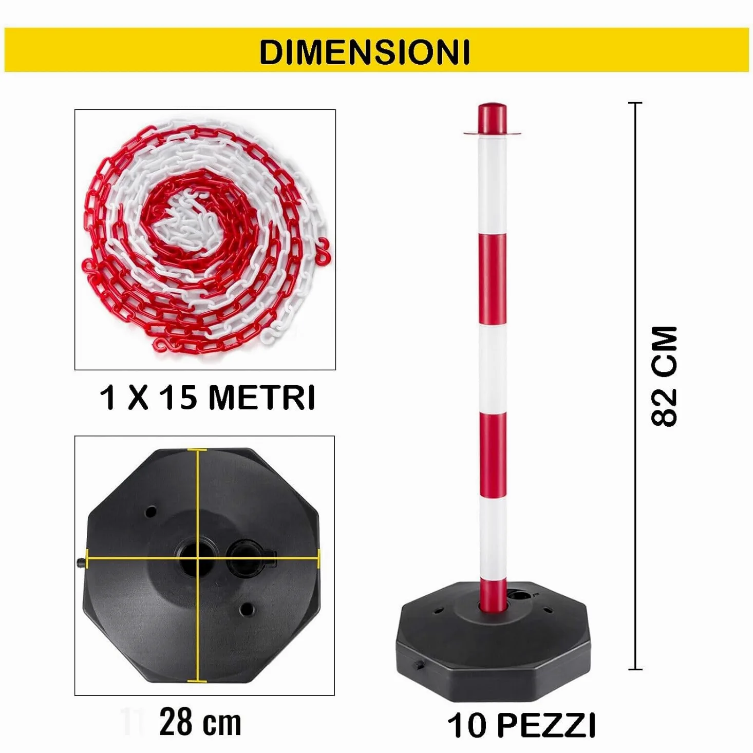 DMS- SET 10 PALETTI SEGNALETICI/PARCHEGGIO + CATENA DA 15 MT + 18 GANCI AD ESSE