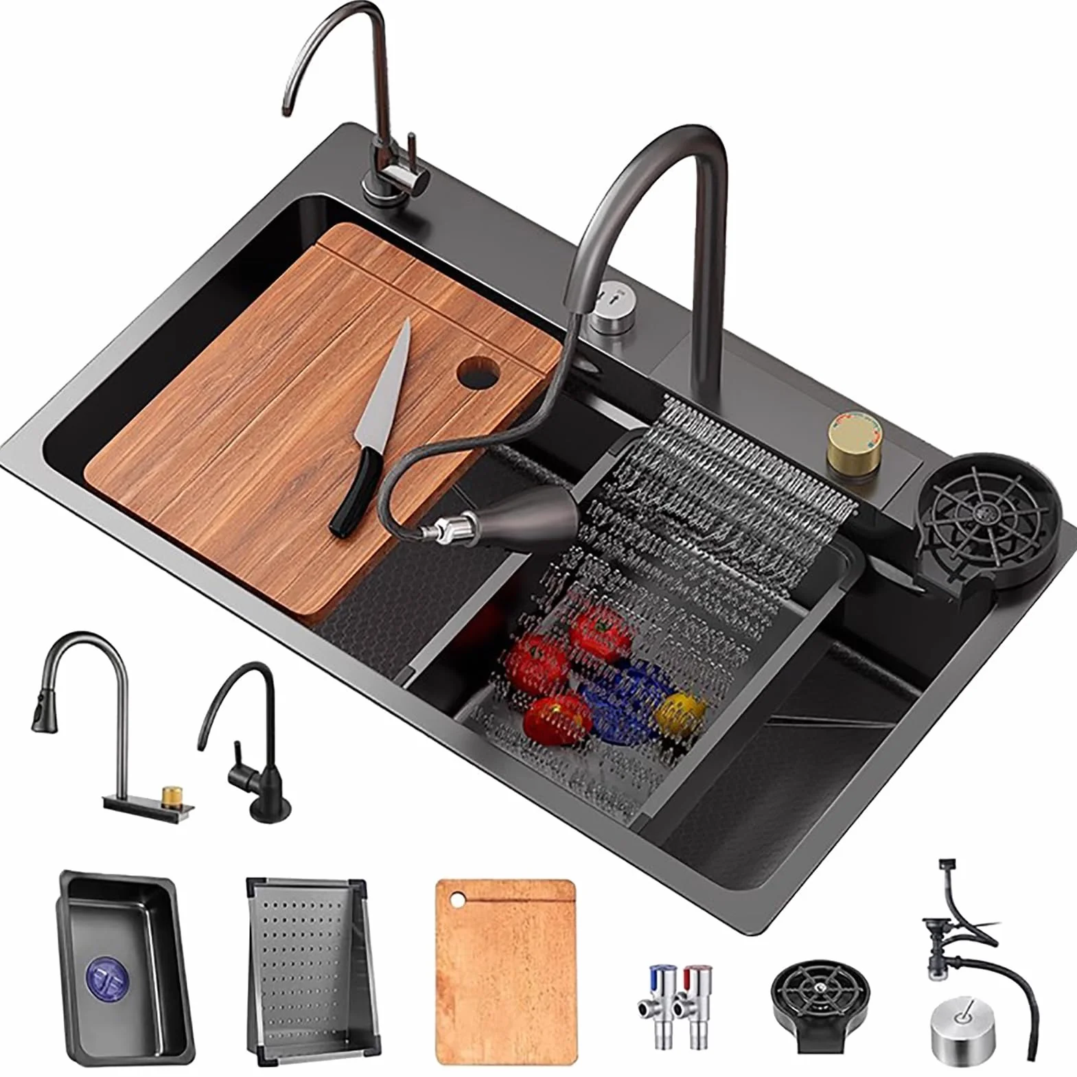 Lavello Cucina 1 Vasca Grande 68x45cm, Moderno Lavello Cucina in Acciaio Inox, Cascata a Lavello Multifunzione, Con Rubinetto, Sifone e Set di Drenaggio (Kitchen Sink)