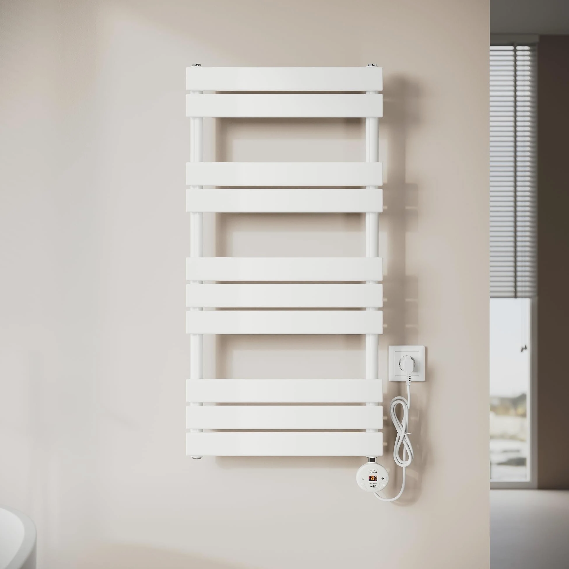 SONNI Scaldasalviette elettrico da bagno, 1000 x 500 mm, bianco, con barra riscaldante WiFi, 600 Watt, piatto, scaldasalviette elettrico, con elemento riscaldante intelligente per radiatori da bagno