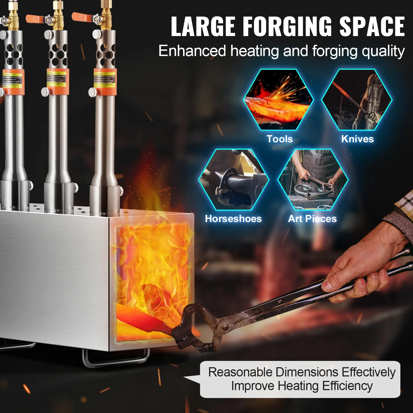 VEVOR Forgia a gas propano portatile, forno a gas quadrato con 3 bruciatori, temperatura max 1427 ℃, utensili e attrezzature per forgiatura a gas in acciaio inox, per colteliere Maréchaux-Ferrants