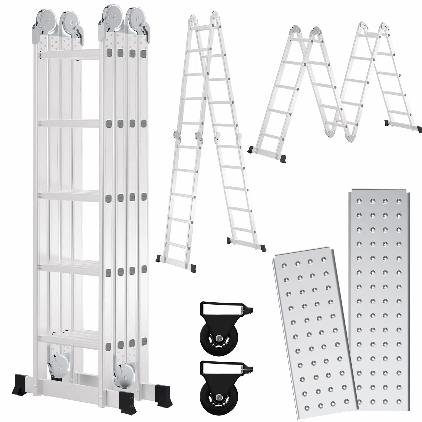 Sonnewelt Scala Multiuso in Alluminio 4x5 Gradini - 5,8 m Con Piattaforma e 2 Ponteggi - Pieghevole, 20 Gradini, Fino a 150 kg, Argento