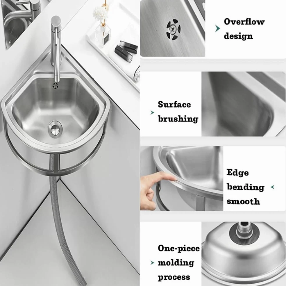 Lavello angolare da parete per bagno, 455x390 mm Lavabo da cucina Vasca Singola con Troppopieno Lavabo In Acciaio Inossidabile Lavamani per Ristorante