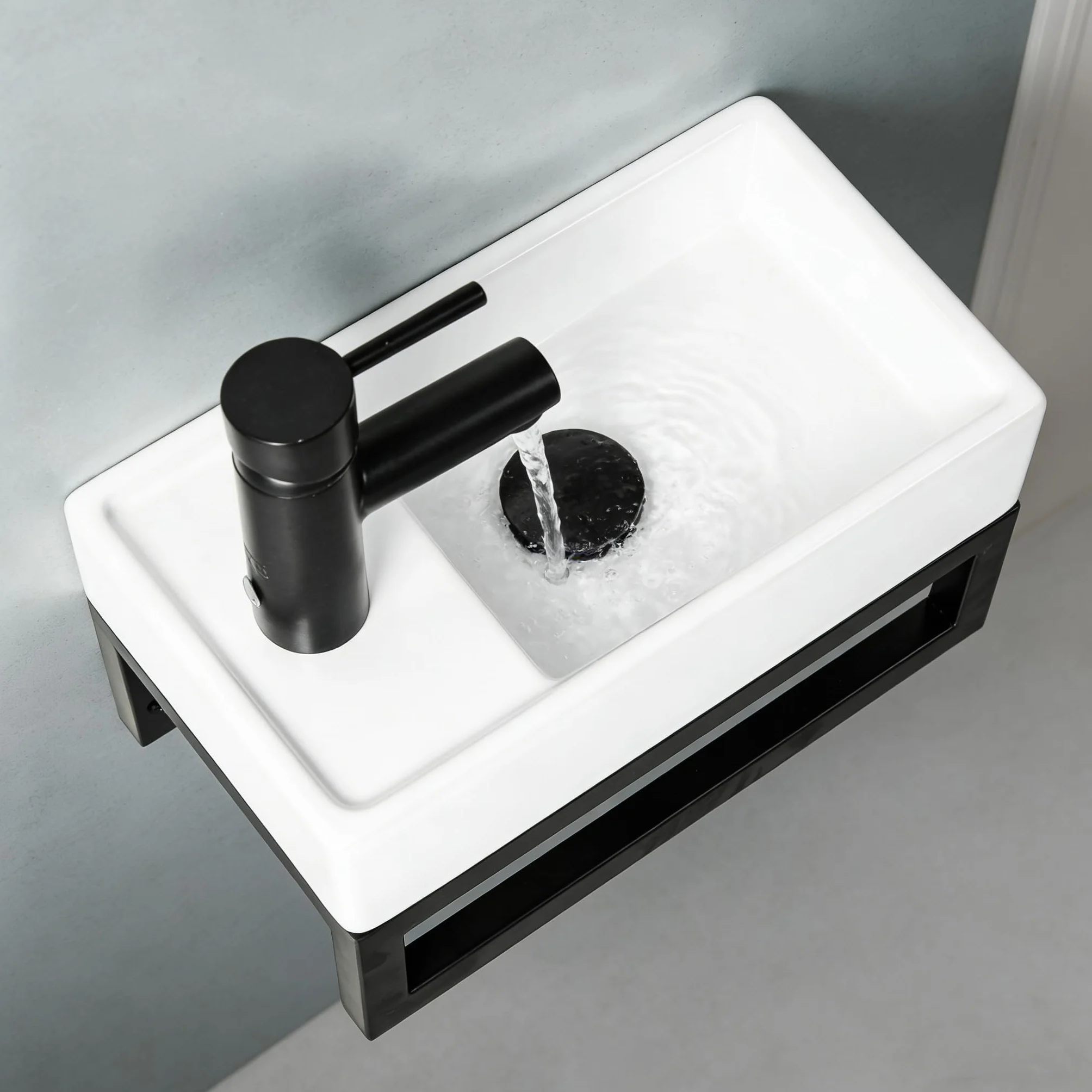 NUESTRA VIDA Lavabo WC Sospeso, 40x22 cm, per Bagno Ospiti e Piccoli Spazi. Struttura in Metallo Nero Opaco con Troppopieno, Design Salvaspazio per Appartamento