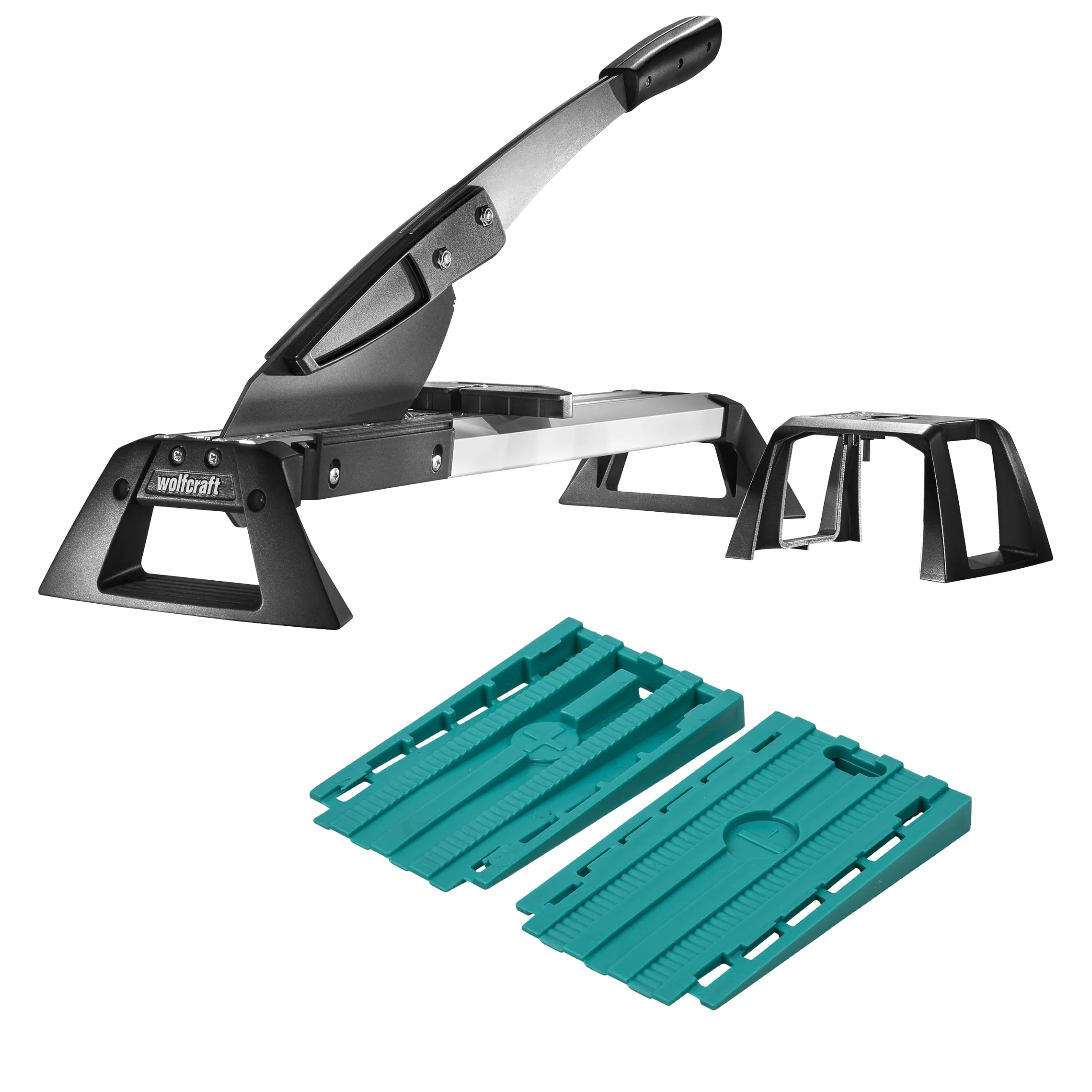 wolfcraft Set per Posa di Pavimenti in Vinile e Laminato, 33 Pezzi con Taglierina Professionale VLC 800 e 30 Cunei Universali per Giunti di Dilatazione – 8638000