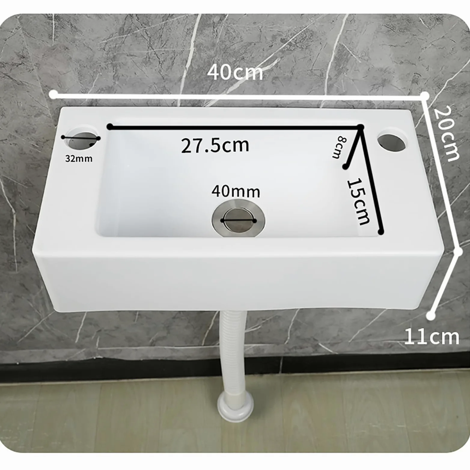 Piccolo lavabo in plastica per montaggio a parete per roulotte, camper, WC ospiti, bagno, 40 x 20 x 11 cm, bianco, ideale per campeggio, giardino, cantieri, con scarichi da 75 cm