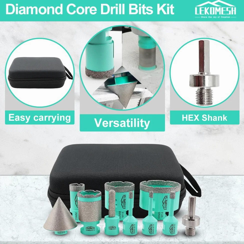 Punte Diamantate per Piastrelle - 10 pezzi (6/6/8/25/50/68mm+10mm Fresa Diamantata+35mm Fresa Diamantata+50mm Punte per Smusso+Adattatore) Seghe a Tazza per Gres Ceramica