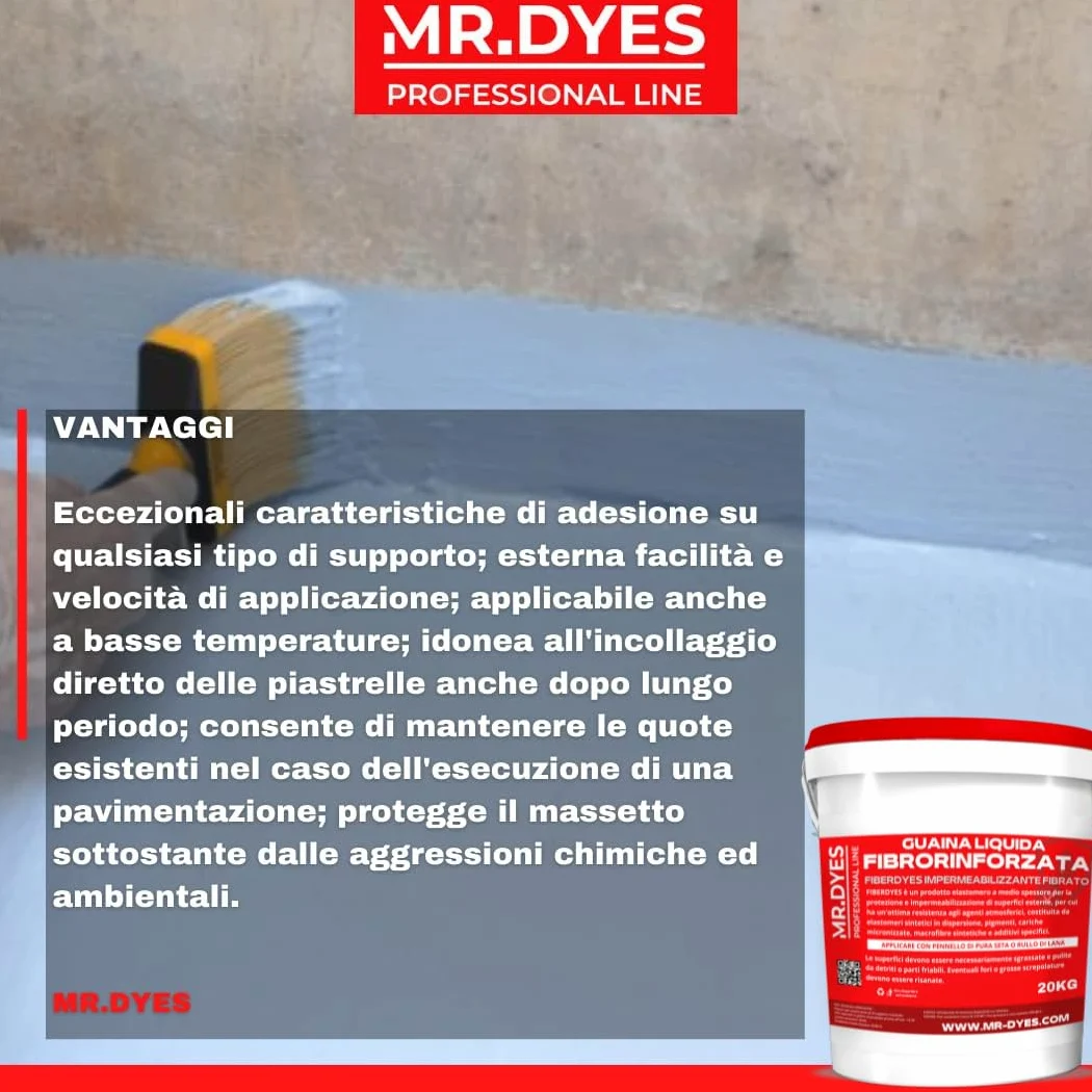 FIBERDYES Guaina Liquida Fibrorinforzata Impermeabilizzante Monocomponente, Gomma Liquida, Membrana Impermeabilizzante, Vari Colori, Formati 1 Kg, 6 Kg, 20 Kg. (20 KG, GRIGIO)
