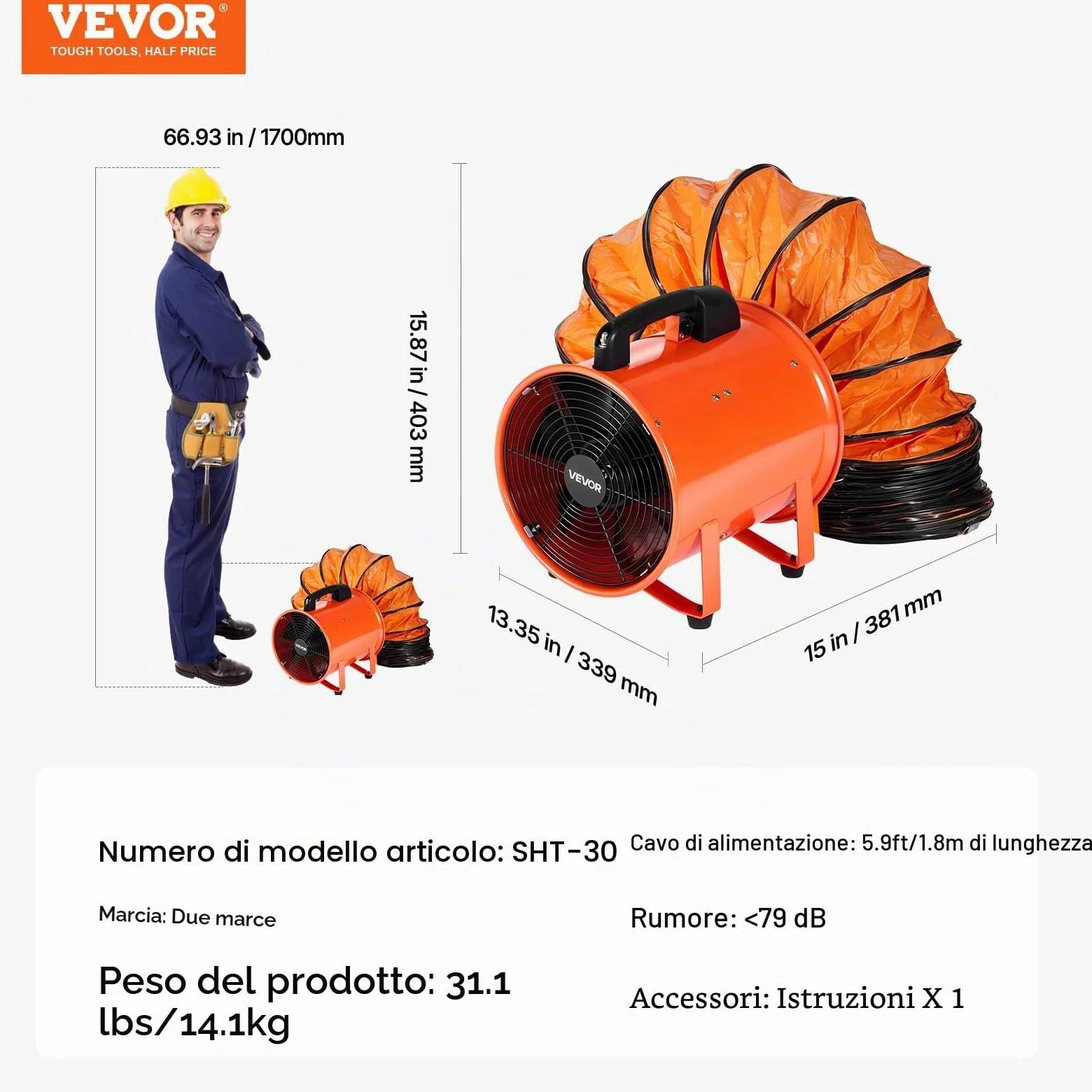 VEVOR Ventilatore Portatile, 365 W Estrattore d'Aria Aspiratore Industriale 304,8 mm Condotto Tubo Flessibile da 10 m Volume d'Aria 2574 CFM (4373 m3/h) 2 Marce per Aspirare Polvere Fumo 79 dB IP44