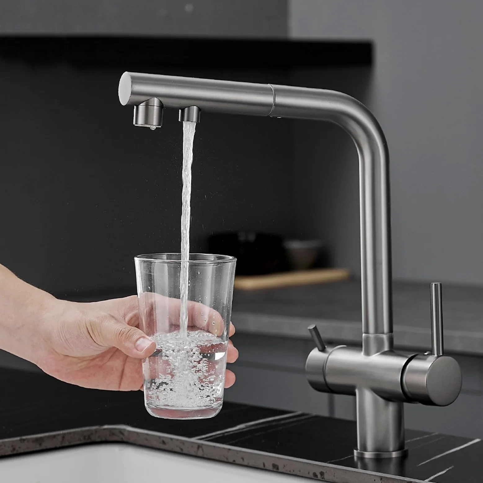 XJTNLB Rubinetto Lavello Cucina 3 Vie con Doccetta Estraibile Spazzolato Rubinetto Depuratore Acqua con Doppia Leva Miscelatore 3 Vie Cucina