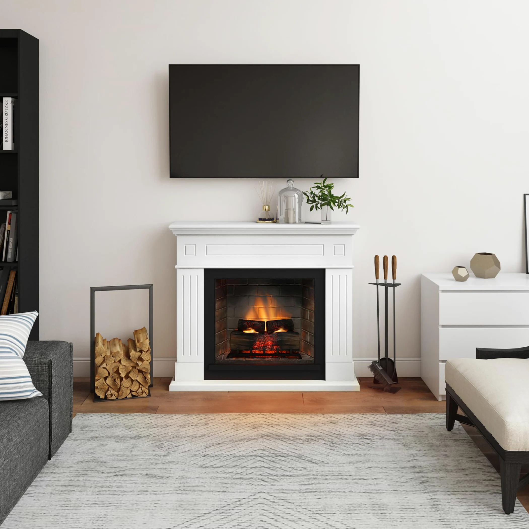 TAGU Larsen Camino Elettrico con PowerFlame 2, Riscaldatore e Termostato, Suono Crepitante, Wi-Fi e Luce Ambientale (Bianco Puro)