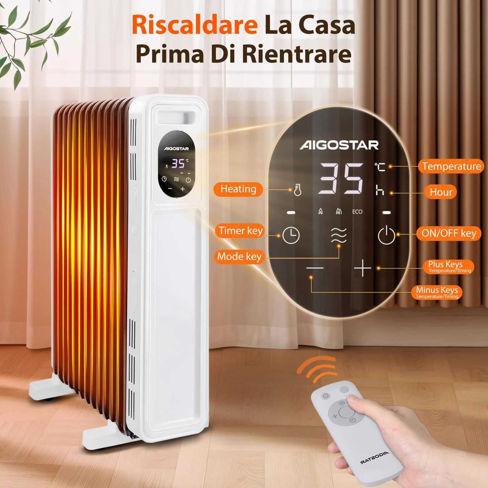 Aigostar Radiatore ad Olio 2500W, 13 Elementi Riscaldatore Elettrico Portatile, 3 Livelli di Calore, Modalità ECO, Timer 24H, Touch screen digitale, Telecomando, Hyperheat, Protezione Multipla, 60mq