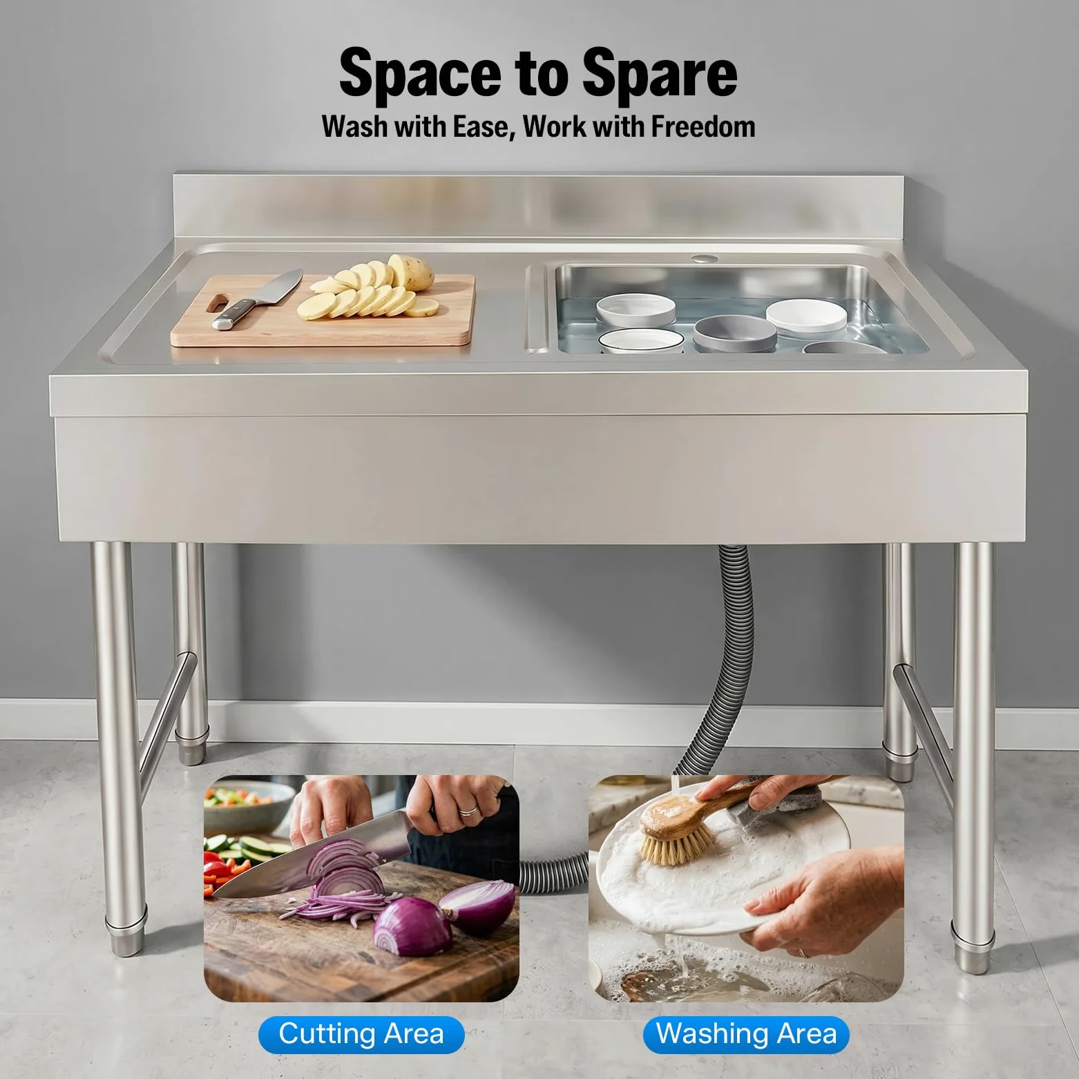 Lavello in Acciaio Inox Acciaio Inox Lavello da Cucina 100x50x80cm Lavello Da Cucina Indipendente Capacità di Carico di 150kg Lavandino da Esterno Regolazione Dell'altezza da 1-3 cm