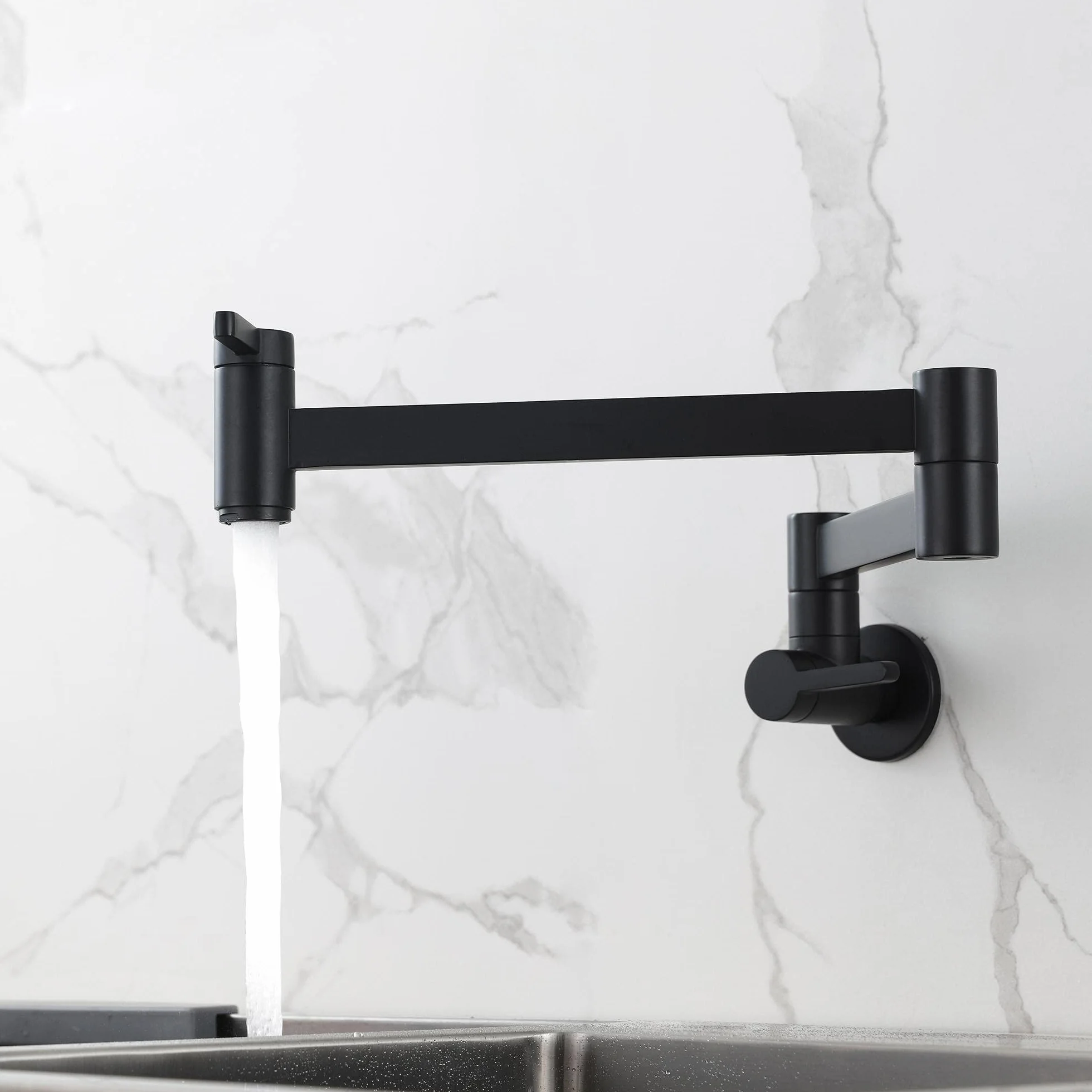 HomeLava Rubinetto a muro in ottone, Rubinetto da cucina nero a parete, Rubinetto riempitore per pentola, Pieghevole, Allungabile, Doppio snodo, 2 maniglie (nero)