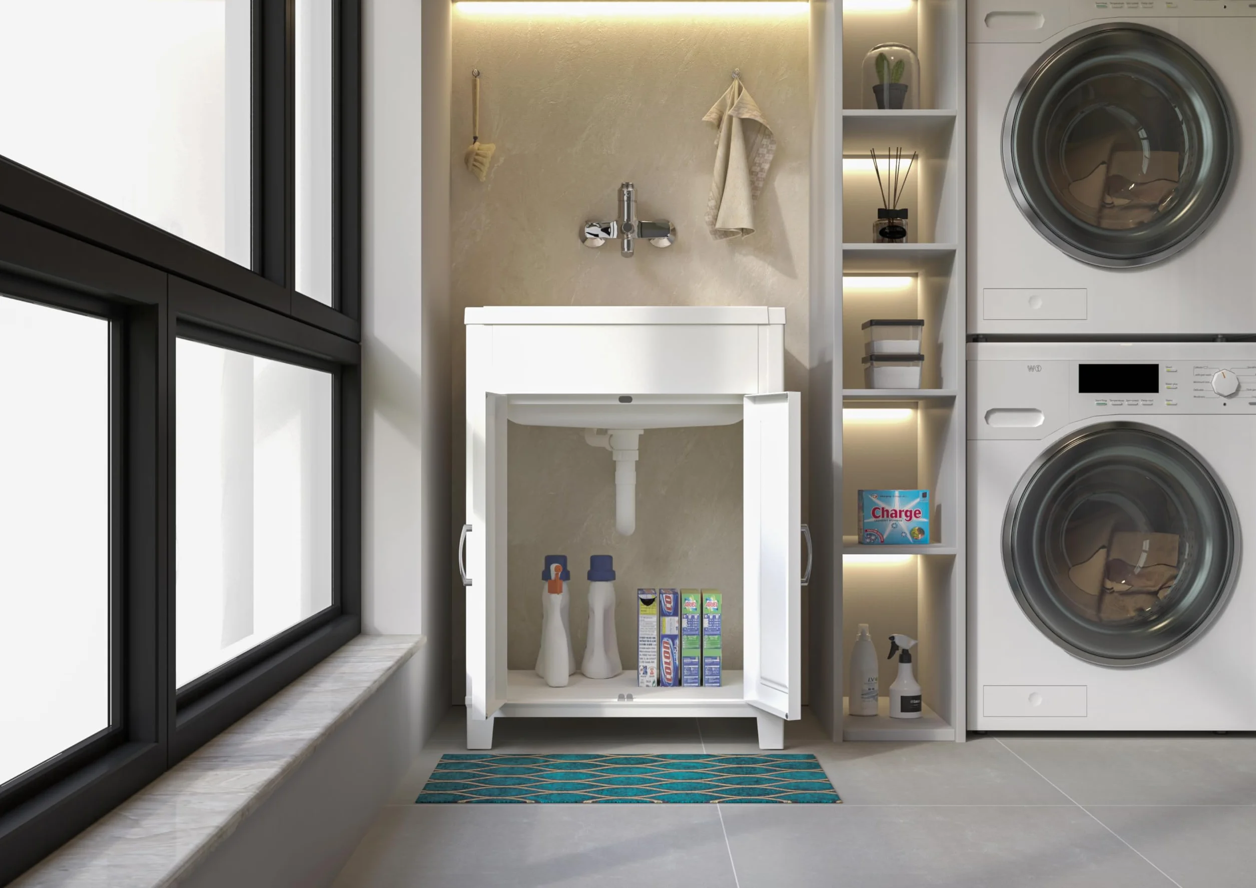 Adventa: Mobile lavatoio in resina di PP, Facile da montare, Vasca Resistente agli acidi di uso comune, Lavanderia, Garage, Esterno, 60L x 50P x 85H cm, Bianco