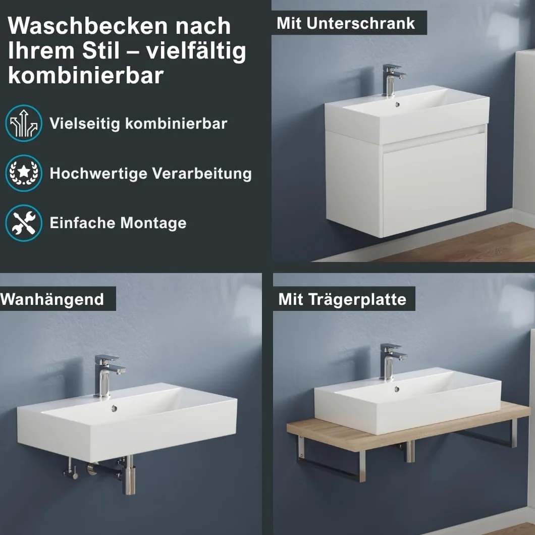 Aqua Bagno lavabo 70 cm rettangolare da parete, ceramica bianco lucido con foro rubinetto e troppopieno, design moderno per bagno contemporaneo, facile da pulire