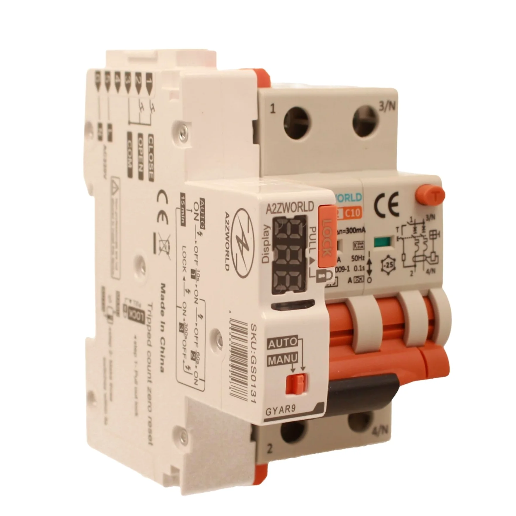 Interruttore Magnetotermico Differenziale Con Riarmo Automatico, RCBO Tipo A Curva C, Idn 300mA / 0.3A, In 20A, 2P Veri 6kA, 3 Moduli, con 3 Tentativi di Riarmo (10s/60s/300s)