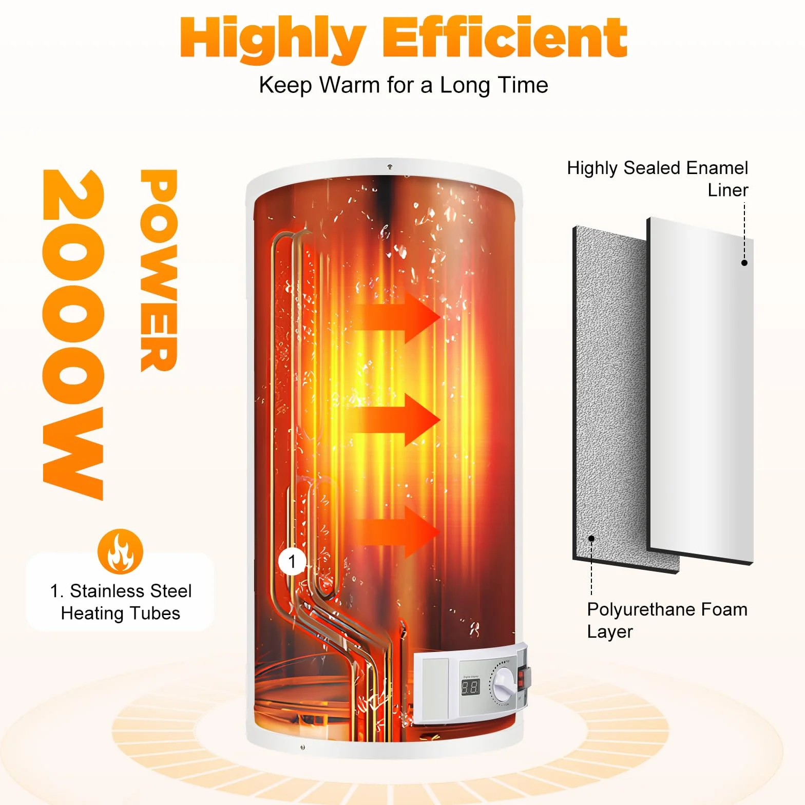 Serbatoio acqua calda elettrica 2000 W Smart Boiler a parete scaldabagno 80 L incl. valvola di sicurezza, soffione doccia e tubo, IPX4, temperatura di riscaldamento 25-75 ℃