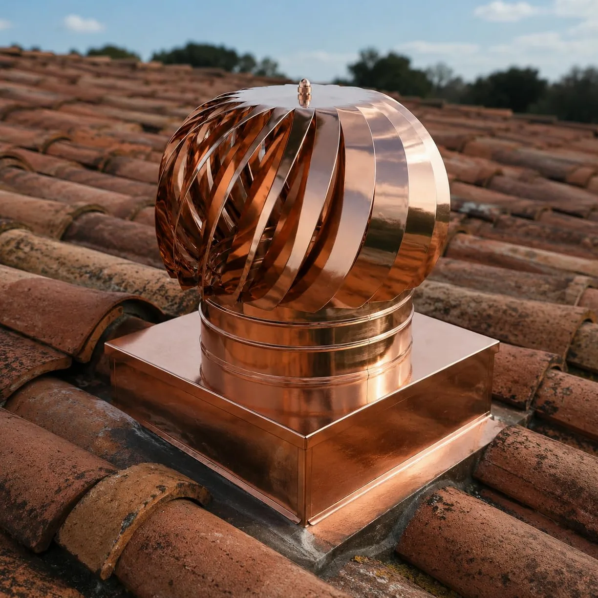 MAKA Comignolo Eolico Quadro Aspirante, Cappello Eolico per Aerazione ed Espulsione Aria, Terminale Girevole in Acciaio, Aspiratore Eolico Base Quadra (Rame, 370x370 mm)