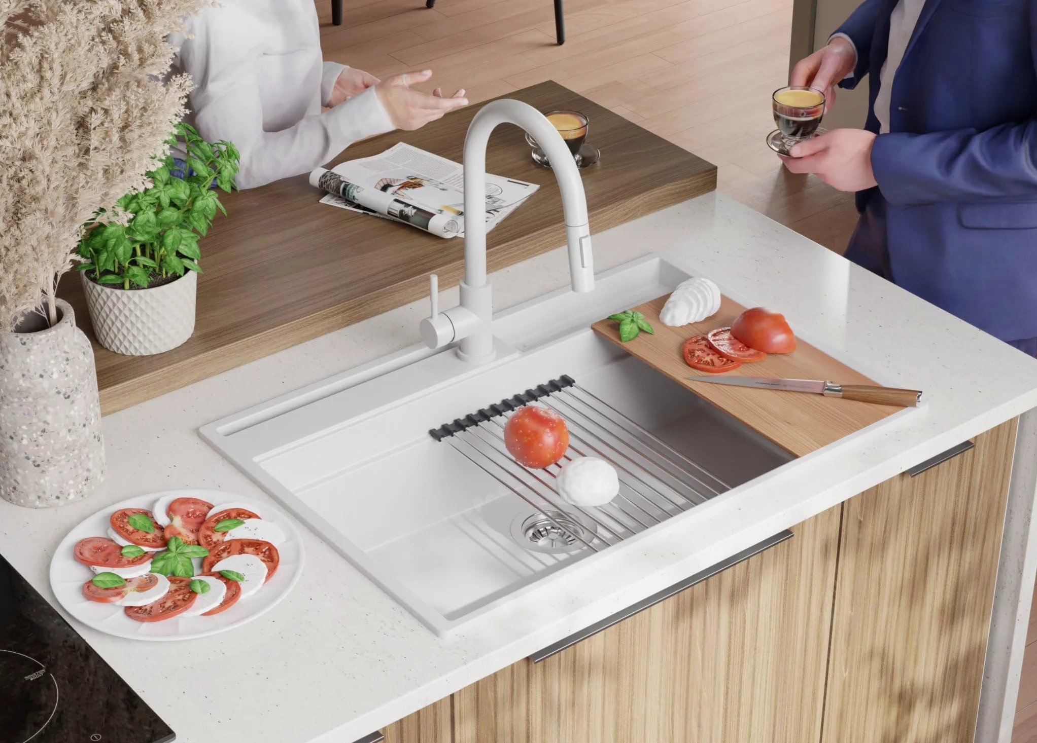 PRIMAGRAN Lavello da Cucina Bianco 78x53cm, Lavandino in Granito a 1 vasca + Sifone Classico, Lavabo da Cucina Incasso al Mobile 80cm - Oslo Pocket S336